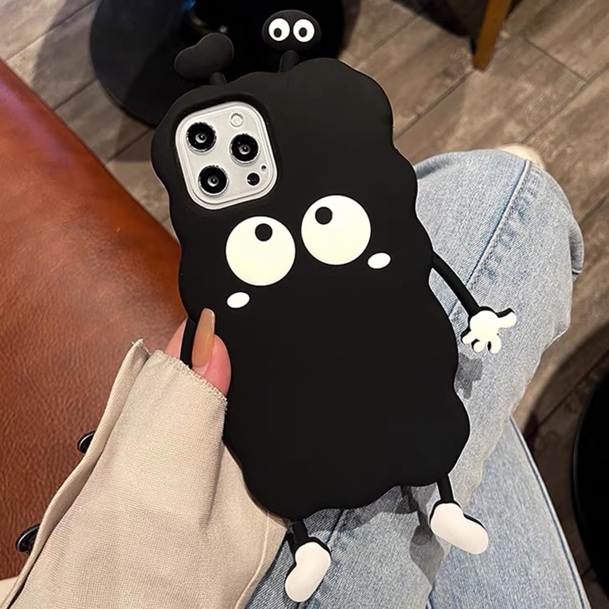 Bonita funda para iPhone 14 Pro de 6.1 pulgadas, funda 3D Kawaii de dibujos animados negra linda funda de silicona para teléfono, gruesa a prueba de