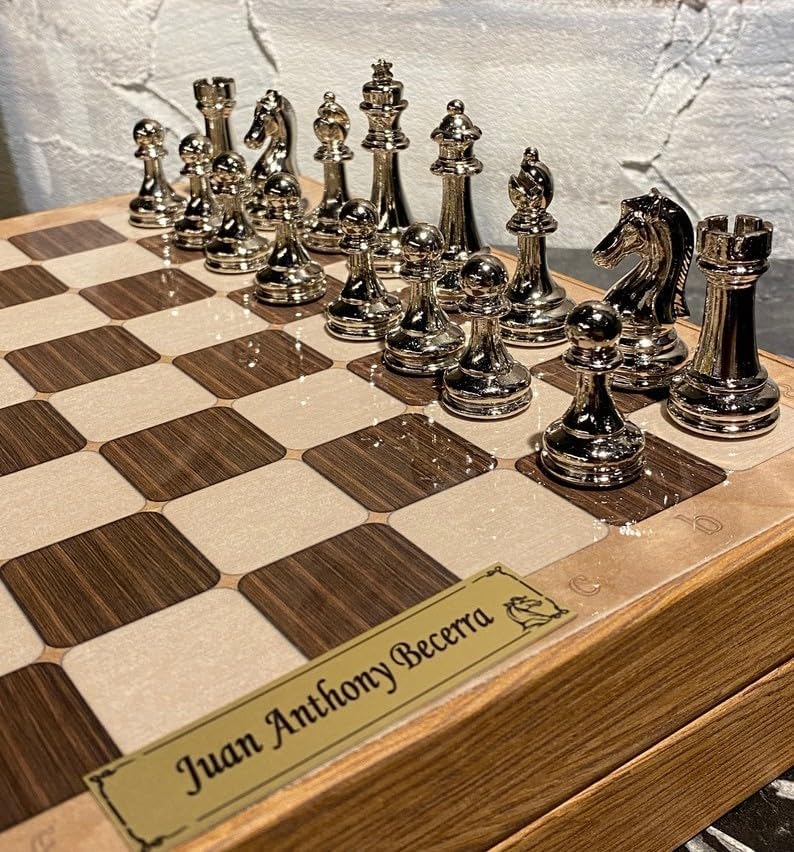 Juego de ajedrez de lujo para adultos, piezas de ajedrez de metal con peso de metal, tablero de ajedrez de madera personalizado con almacenamiento