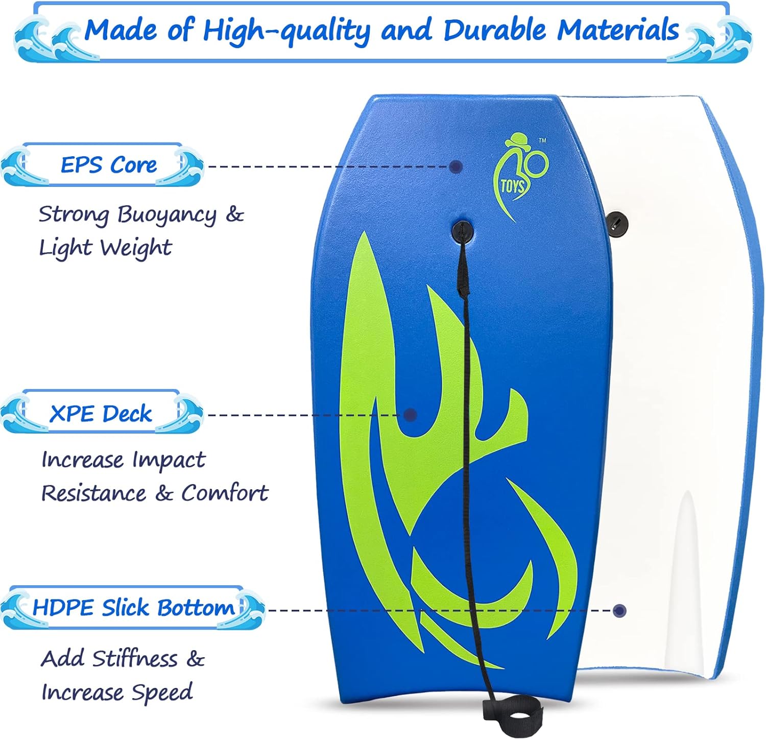 Tabla de bodyboard de Bo-Toys, ligera con centro de poliestireno expandido