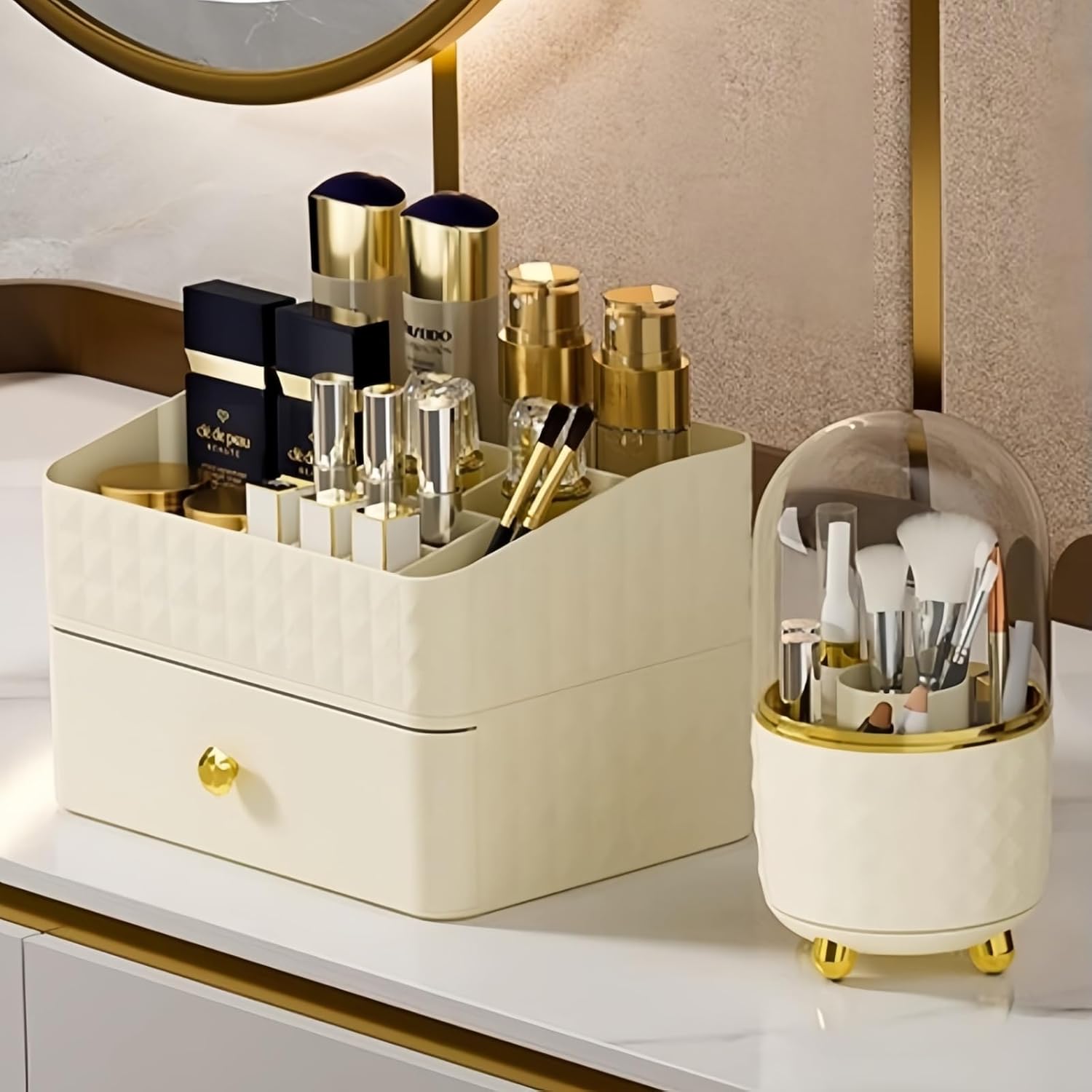 Organizador de maquillaje con cajones apilables, organizador de cosméticos de gran capacidad con soporte para cepillos, vitrina apilable de