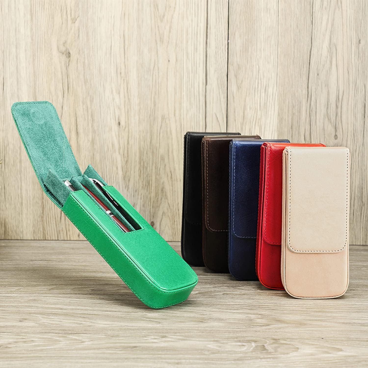 Estuche de cuero genuino de grano superior para 3 bolígrafoslápices, diseño minimalista de moda, hecho a mano, cierre magnético con diseño de cajón,