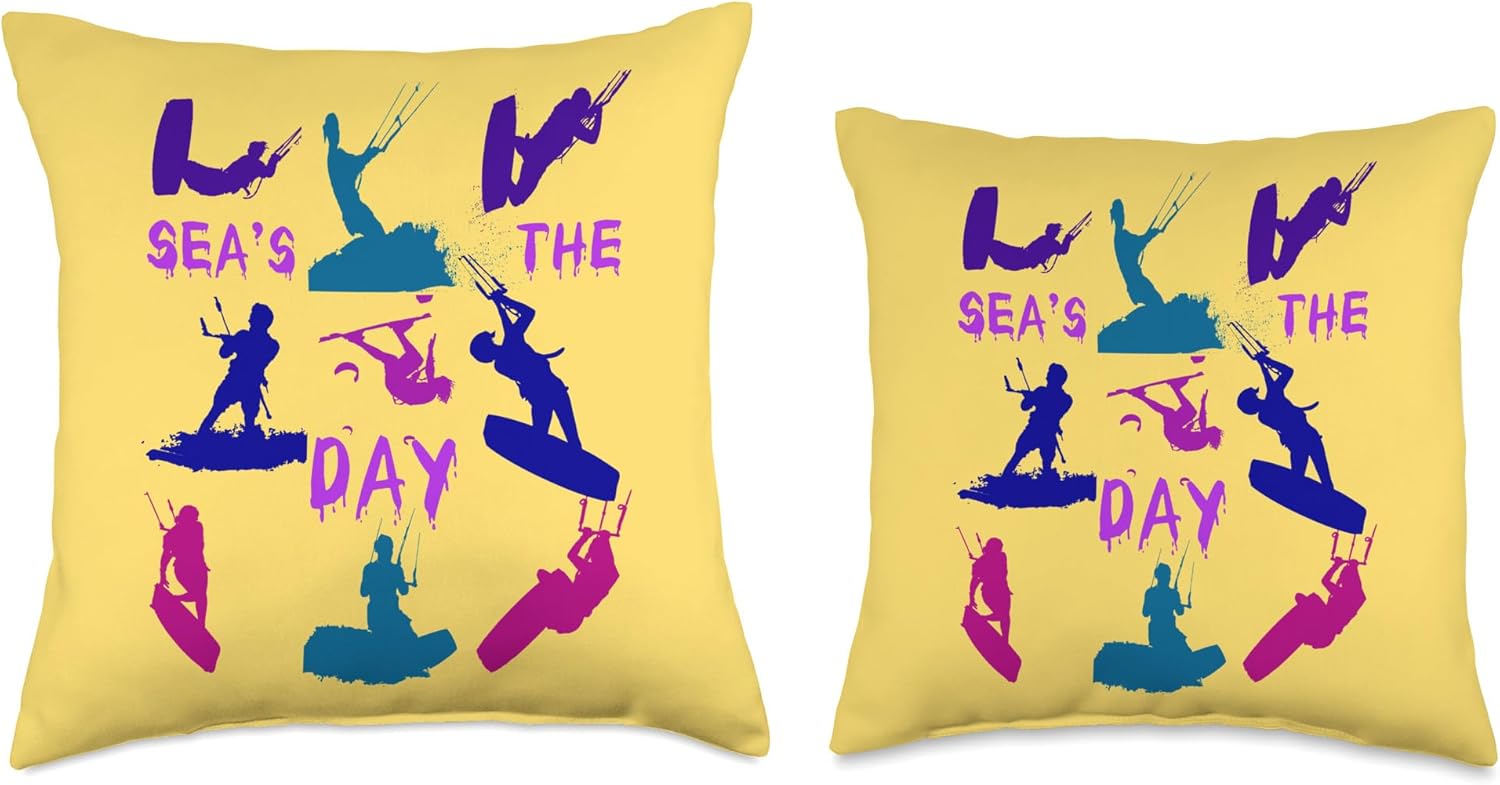 Kitesurf Gifts and Surf Lover Tees by taiche Kitesurfer Silhouette Pattern with Seas The Day Quote 5 Throw Pillow, 16×16, Multicolor