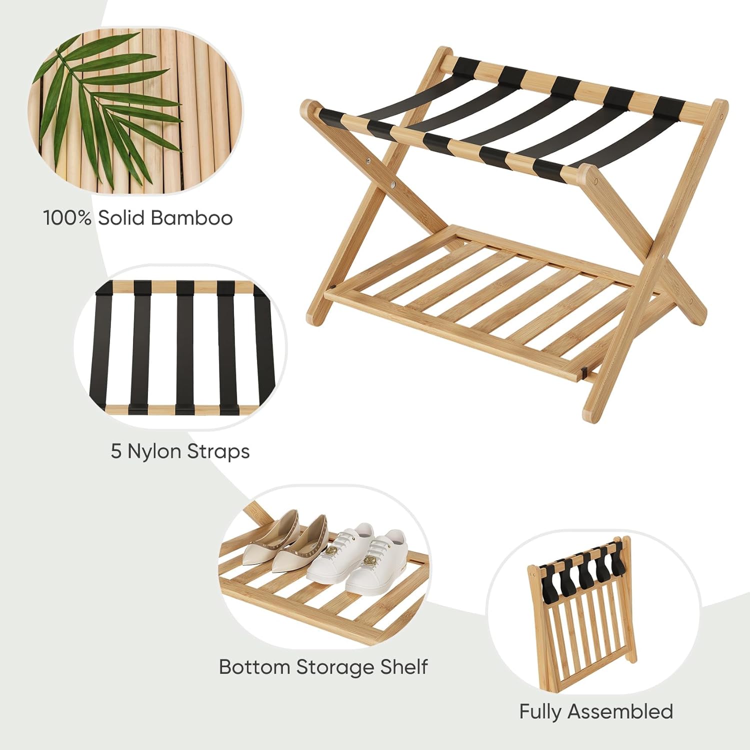 Semiocthome Paquete de 2 portaequipajes totalmente montado, soporte plegable para maleta con estante de almacenamiento, estante de madera para