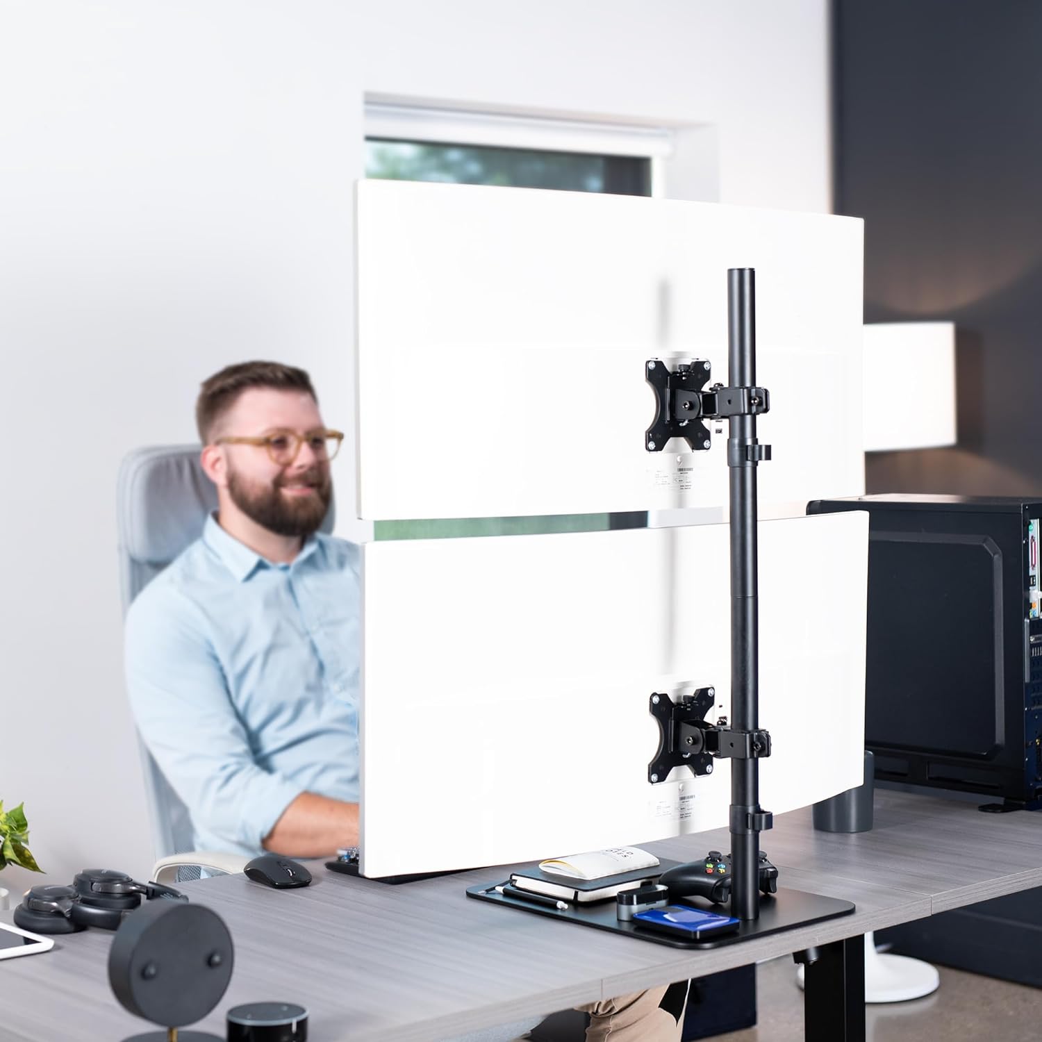VIVO Soporte de escritorio para monitor ultra ancho doble apilado verticalmente, montaje ajustable extra alto para 2 pantallas ultraanchas de hasta