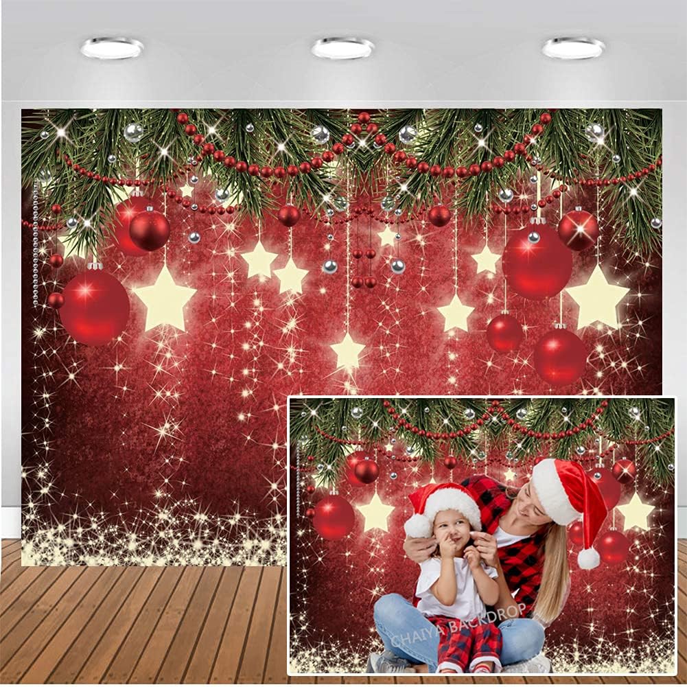 CHAIYA Telón de fondo rojo de Navidad de 8 x 6 pies con estrellas brillantes para fotografía, estrellas brillantes, fondo de Navidad para niños,