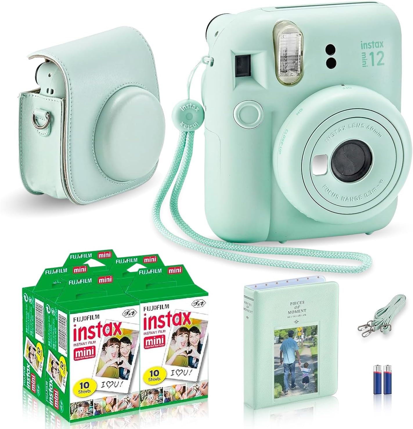 Fujifilm Instax Mini 12 – Cámara instantánea verde menta + paquete de accesorios MiniMate y funda personalizada compatible + película Fuji Instax