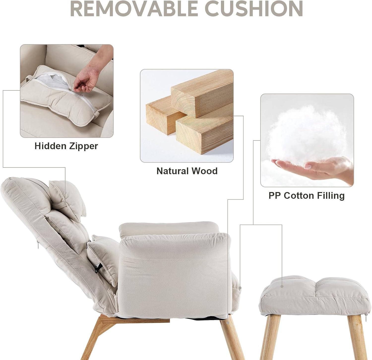 CLIPOP Silla decorativa moderna con otomana, sillón de tela de lino con respaldo ajustable (5 ángulos), patas de madera maciza, cómoda silla de