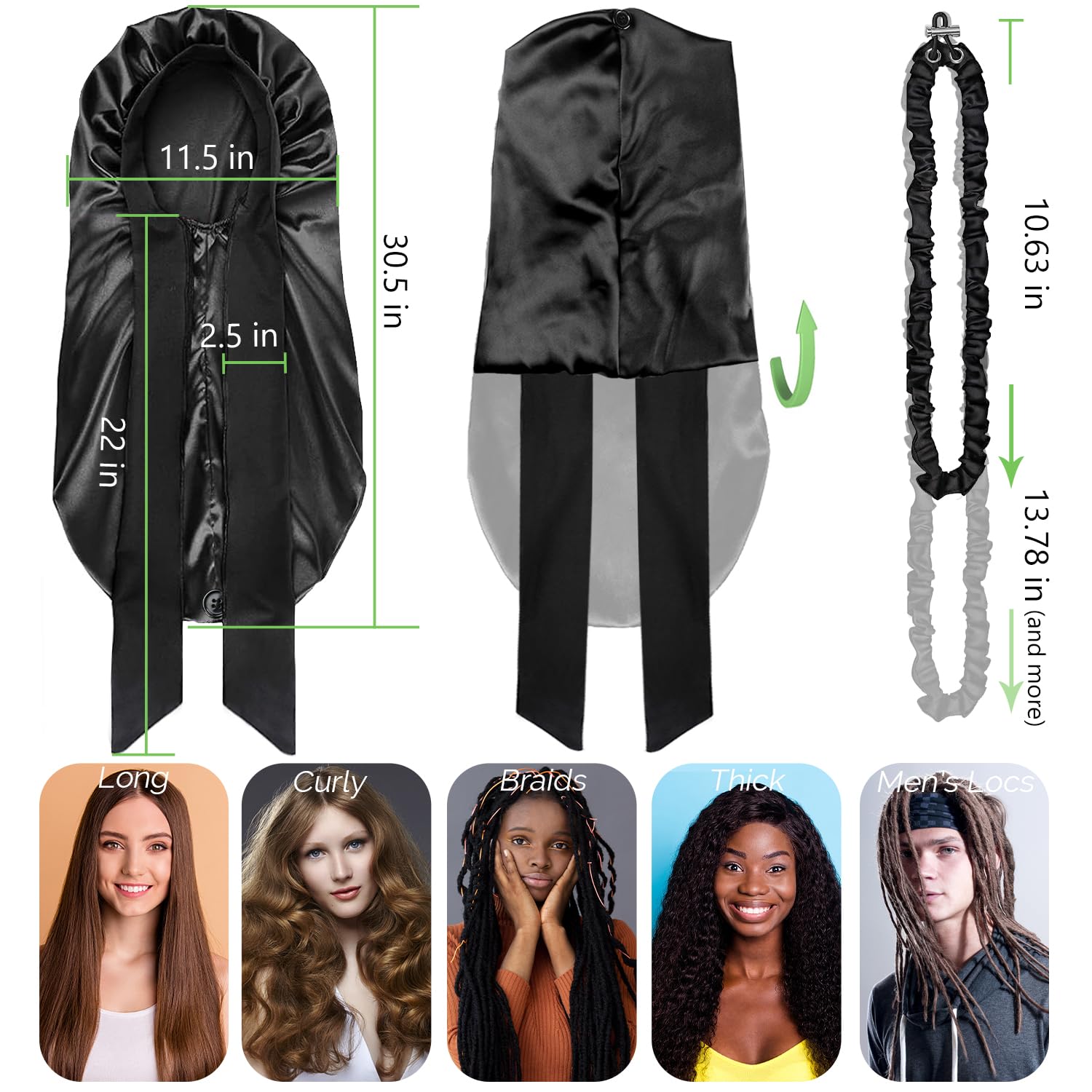 Babalet Gorro de seda para dormir, gorro de satén plegable extra largo con banda de amarre elástica para mujeres negras, accesorio para el cabello