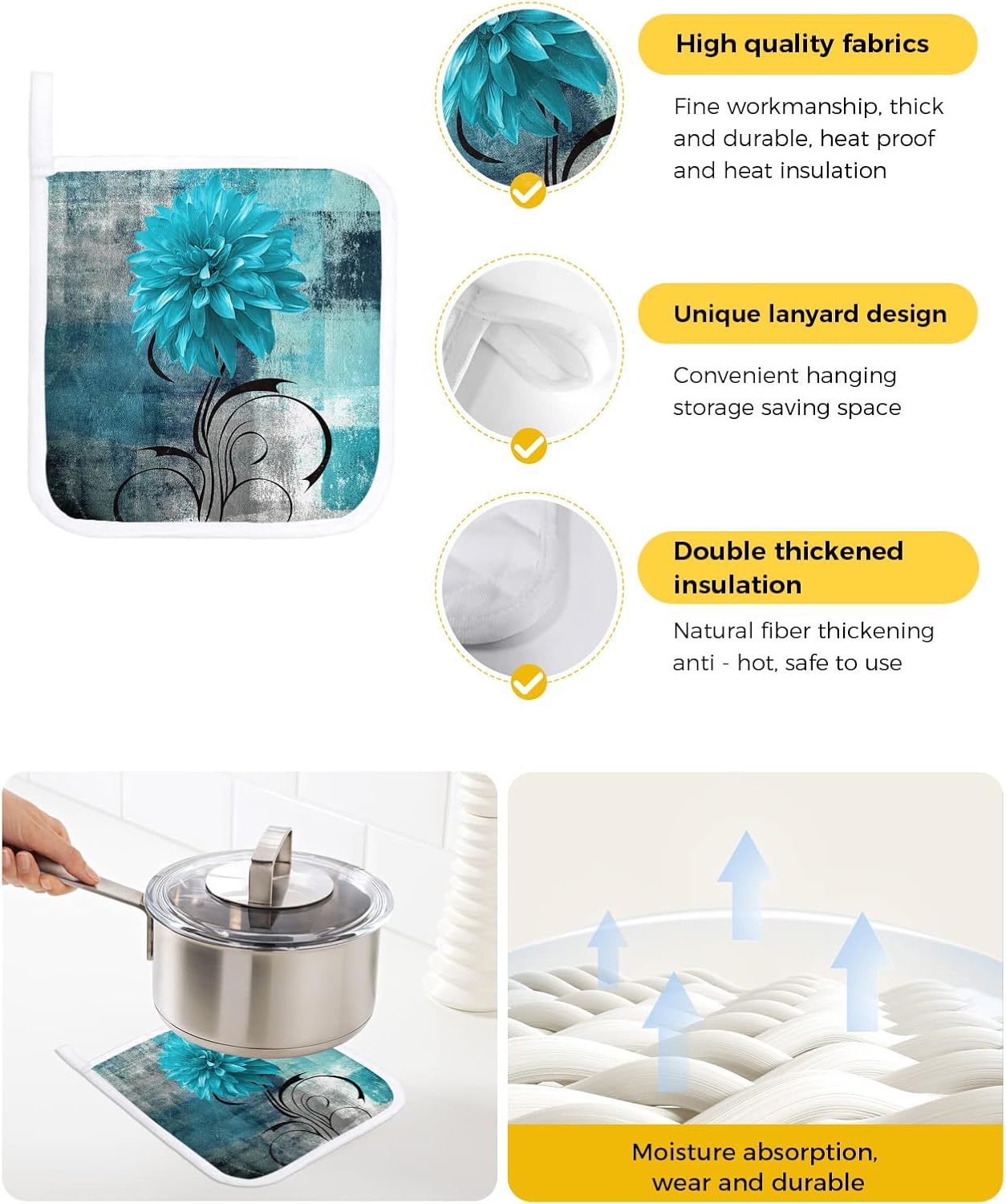 Paquete de 2 soportes para ollas para cocina, azul y verde, degradado, turquesa, dalia, floral, a prueba de calor, almohadillas calientes,