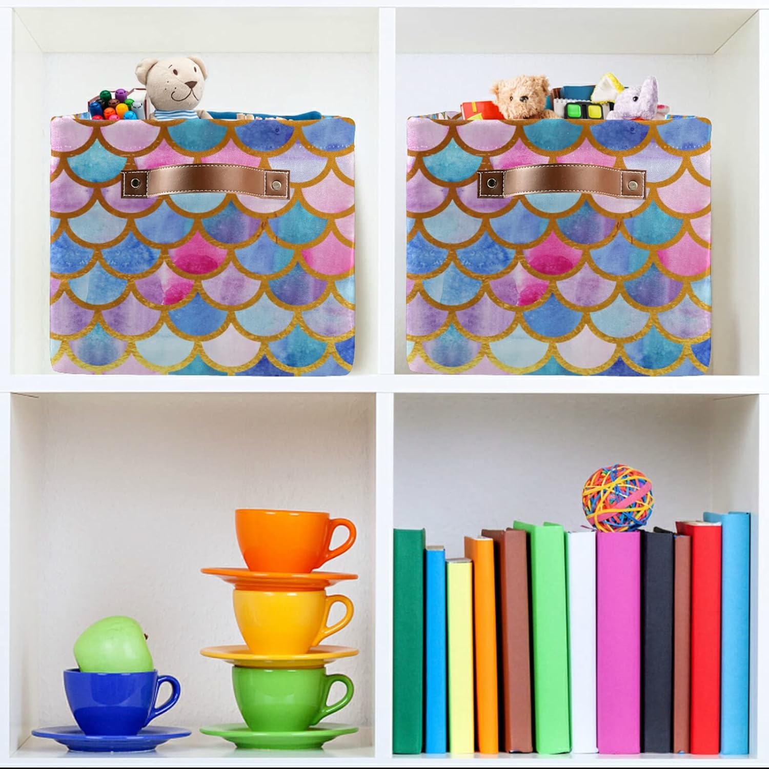 Cesta de almacenamiento rectangular  Escamas de pez sirena colorida caja de almacenamiento plegable con asas de cuero, estantes organizador para