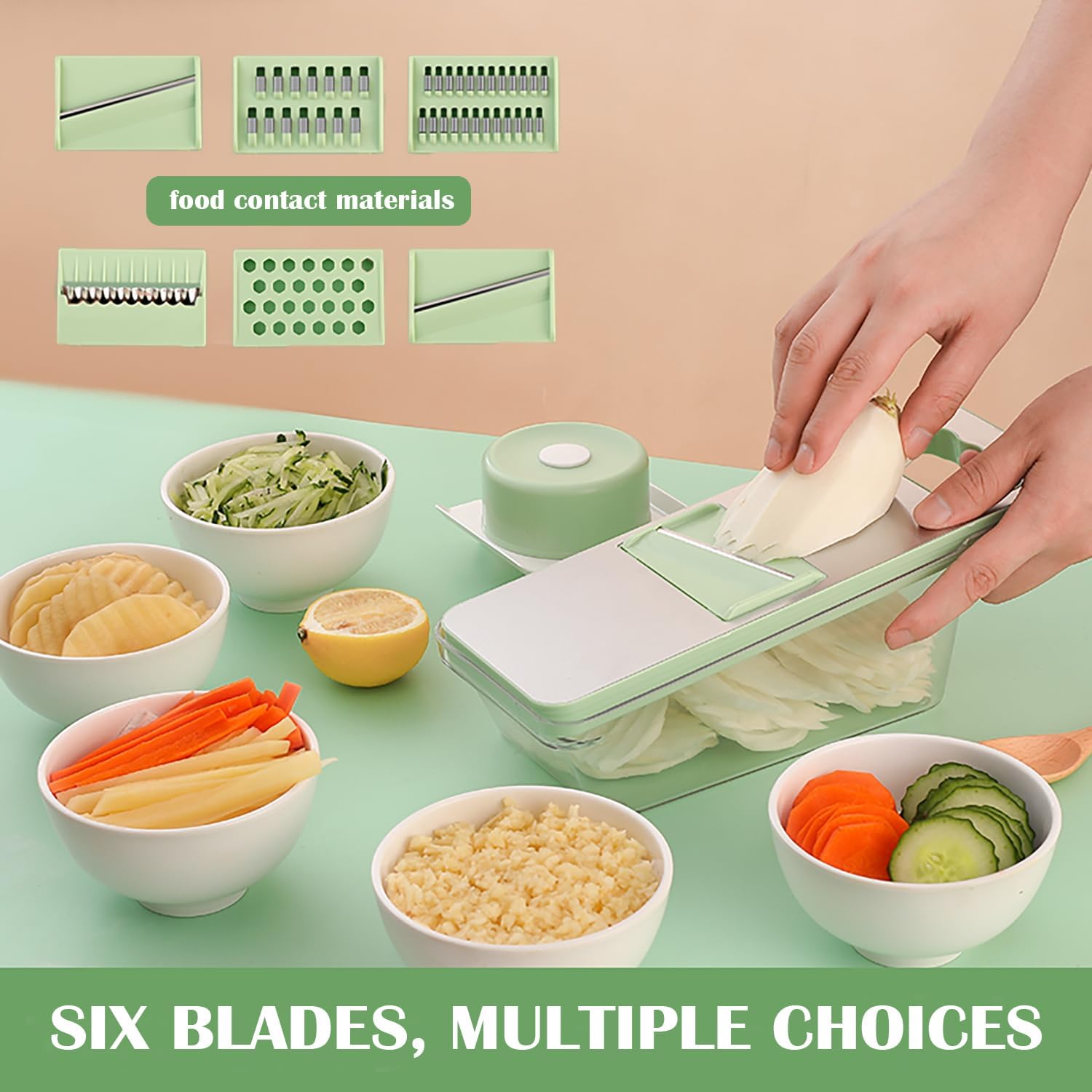Cortador de mandolina para cocina, 6 en 1, cortador multifuncional de alimentos y verduras con recipiente, cortador de cebolla ajustable, cortador
