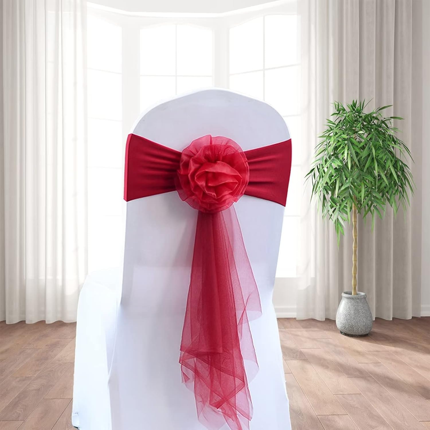 Paquete de 6 bandas elásticas de elastano para silla, cinta de organza floral para boda, fiesta, cumpleaños, baile, fiesta, celebración, decoración