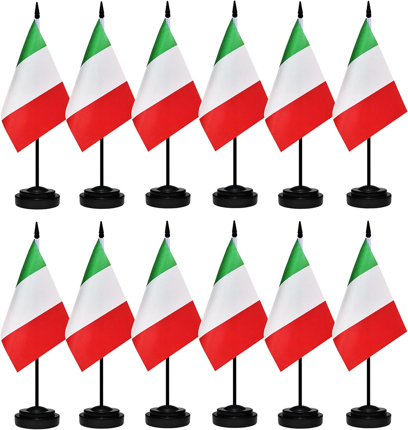 Juego de 12 banderas de escritorio de Italia, pequeñas banderas italianas de oficina con poste negro sólido de 12 pulgadas, base negra y parte
