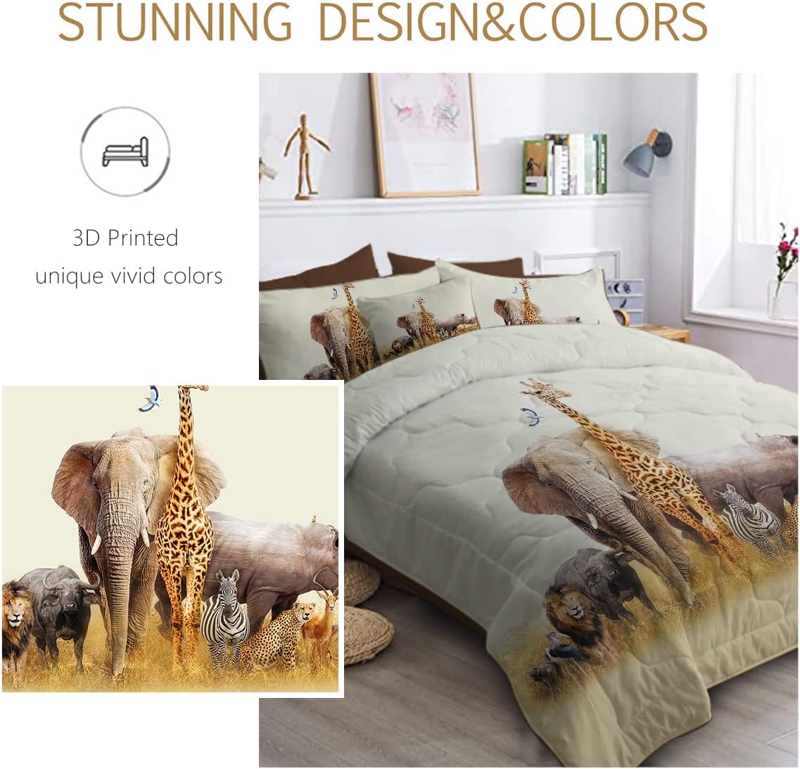 BlessLiving Safari Bed-in-A-Bag – Juego de edredón de 8 piezas de animales de la selva para niños, ropa de cama tamaño Queen, 1 edredón, 2 fundas, 1