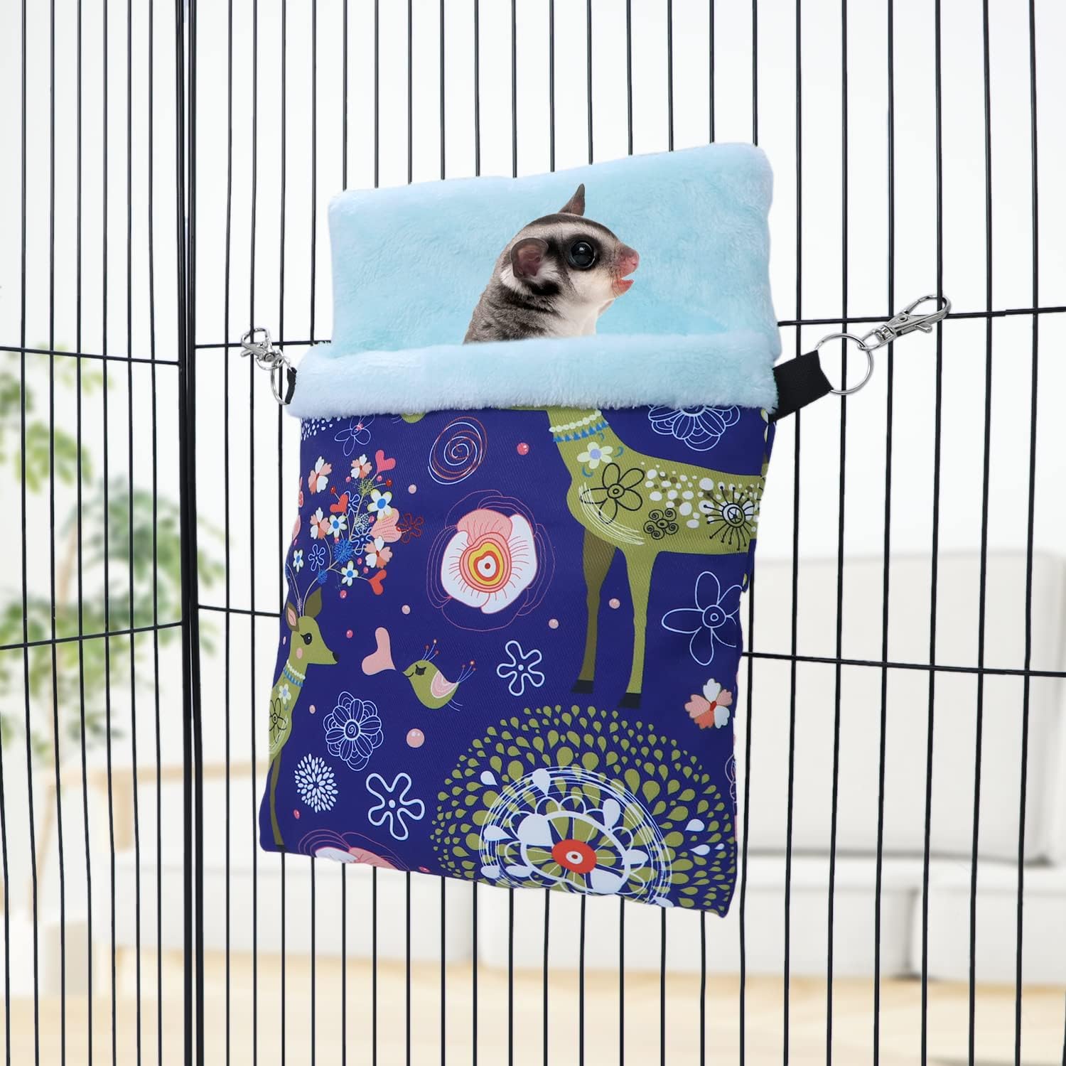 Wontee Saco de dormir para mascotas pequeñas, saco de dormir cálido para hámsters, erizos, planeadores de azúcar, ardillas (L, alce azul)