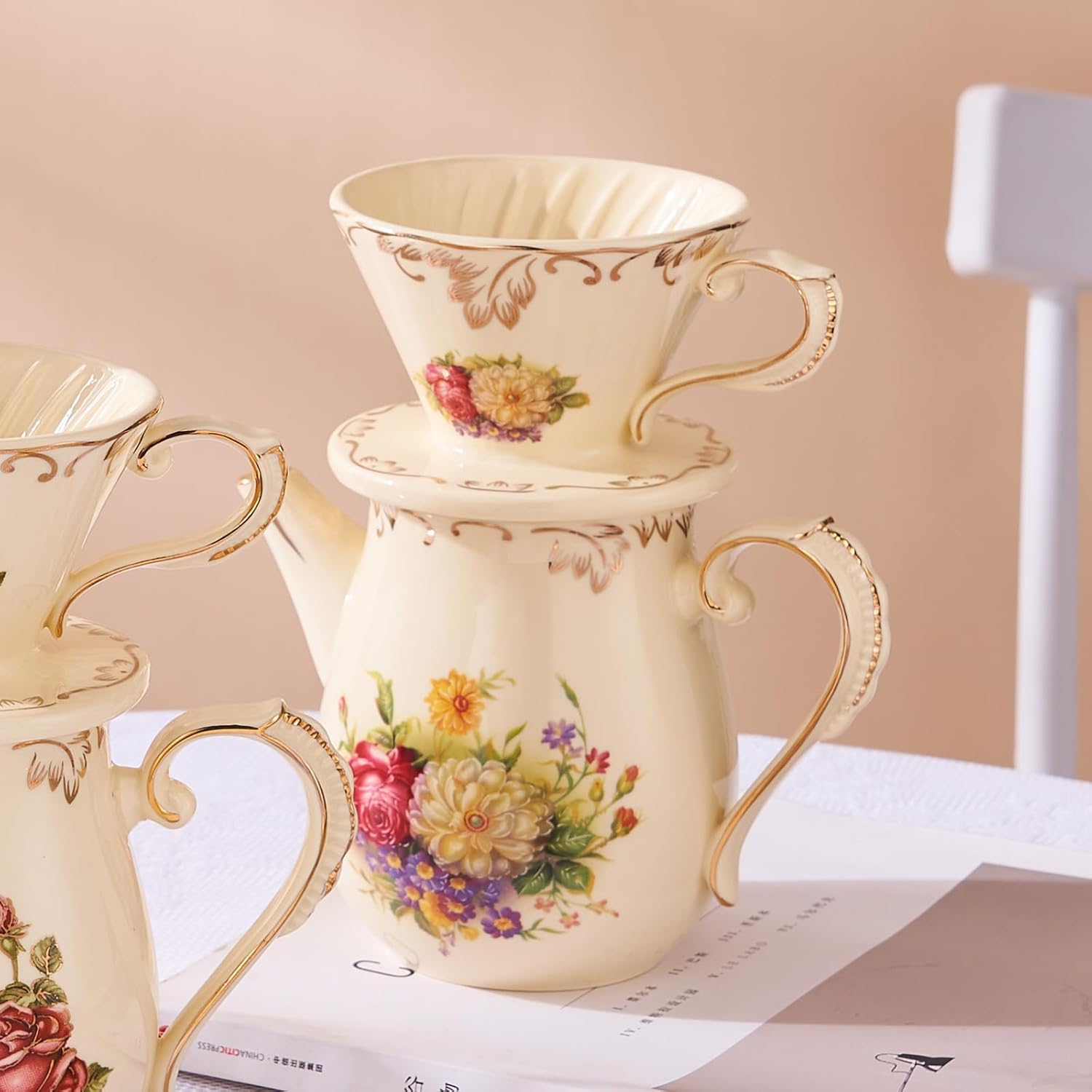 YOLIFE Floarl – Juego de gotero de café, cafetera de cerámica con diseño de cono, 1 taza, regalo para mujeres (arbustos florecientes)
