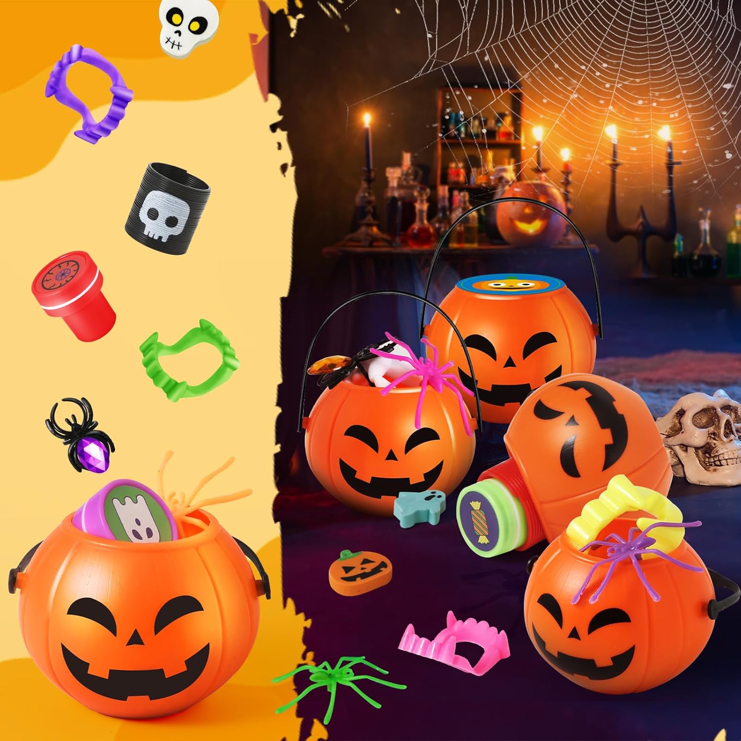 168 piezas de recuerdos de fiesta de Halloween para niños, paquete de 24 calabazas precargadas de Halloween con juguetes, araña, dientes de vampiro,