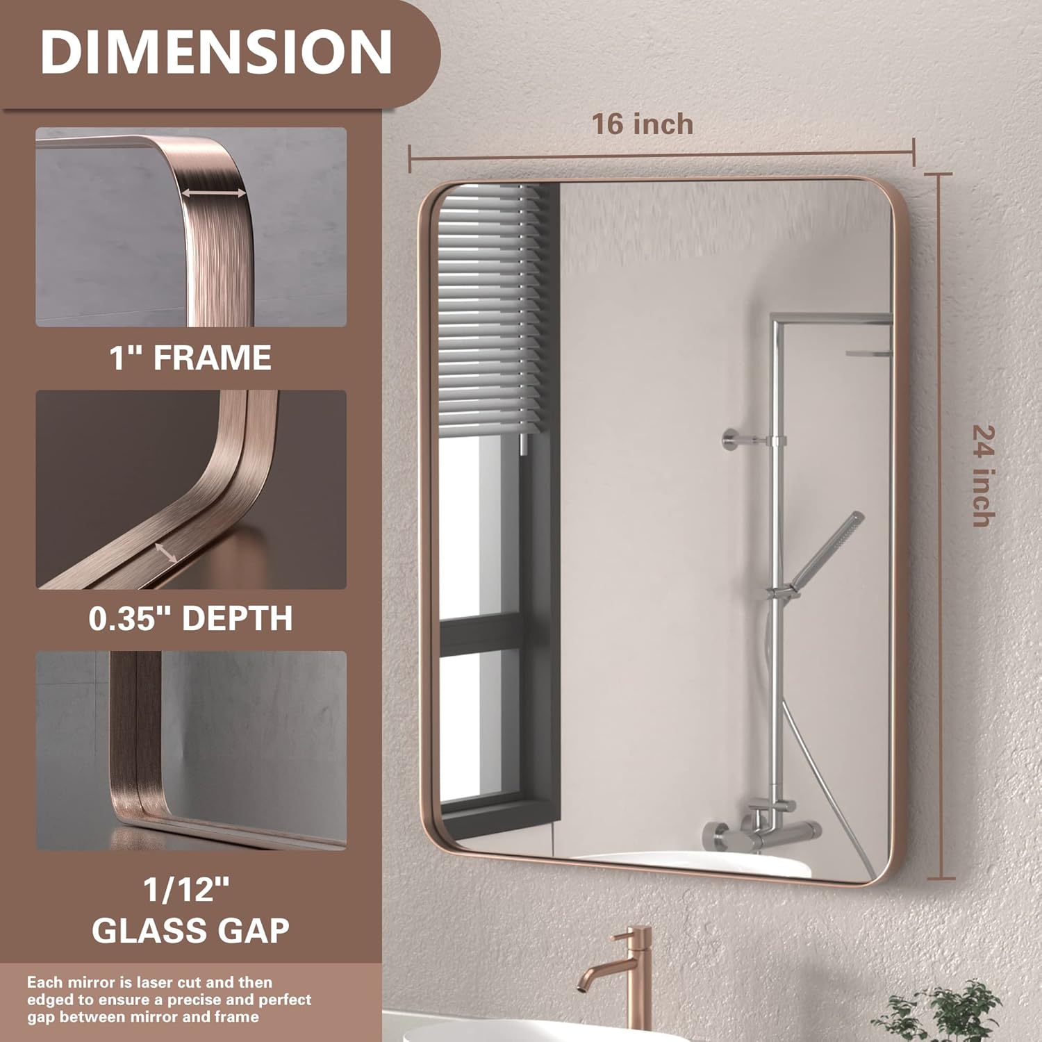 Espejo de baño marrón cepillado de 16 x 24 pulgadas para pared, espejo de baño con marco de acero inoxidable 304, espejo rectangular de granja de