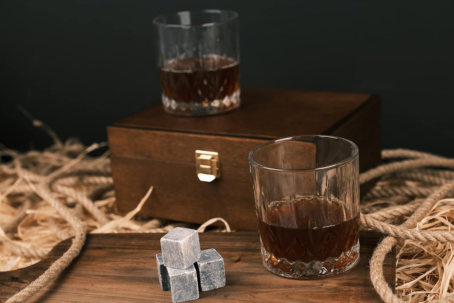 Premium Whiskey Glasses Set with Box – Elegant Glassware for Bourbon, Scotch, and Cocktails (Walnut Box)