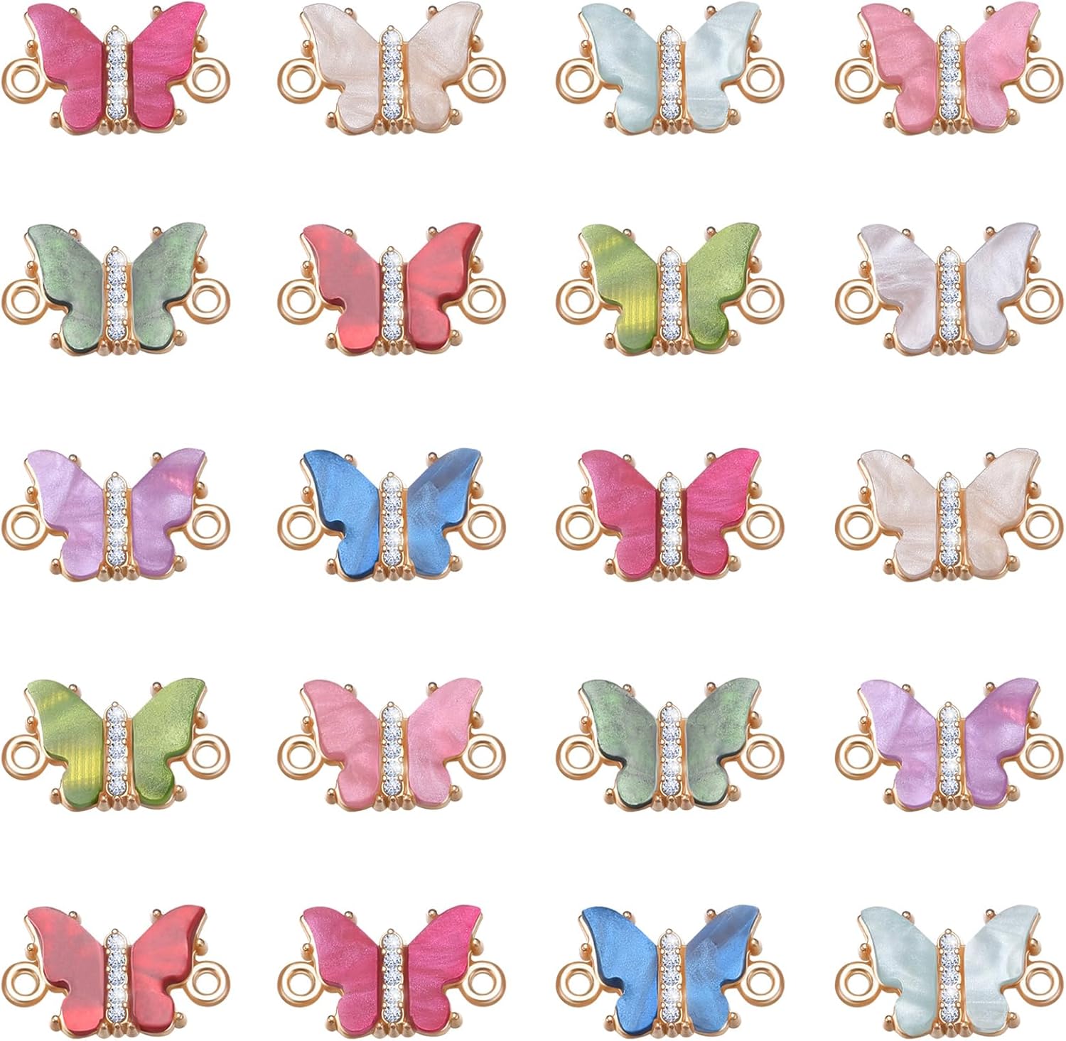 20 Uds. 10 colores de aleación de acrílico diamantes de imitación mariposa colgante Enlaces encanto doble bucles mariposa conector encantos para