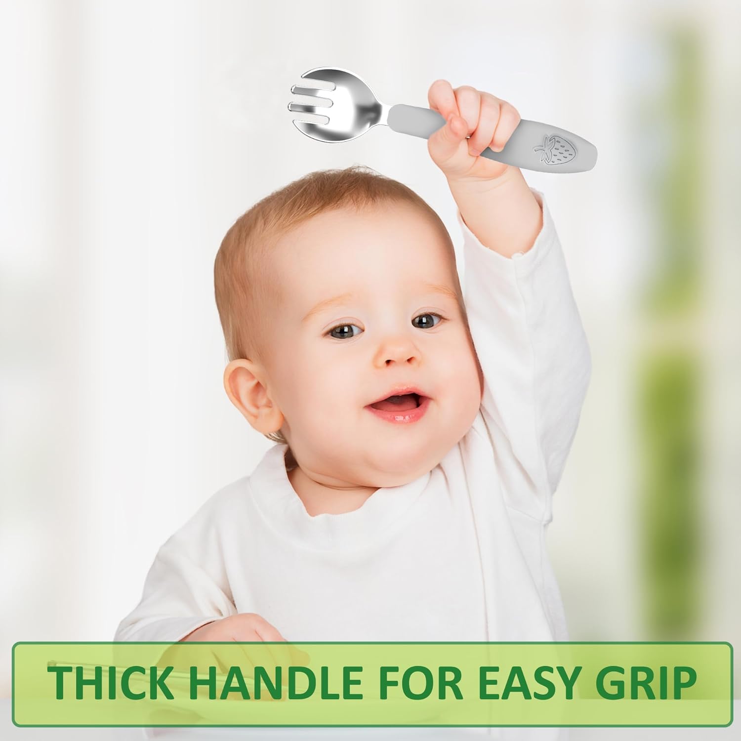 CHILLOUT LIFE Utensilios para niños pequeños, cubiertos para niños con mango de silicona, tenedores y cucharas de metal de acero inoxidable, seguro