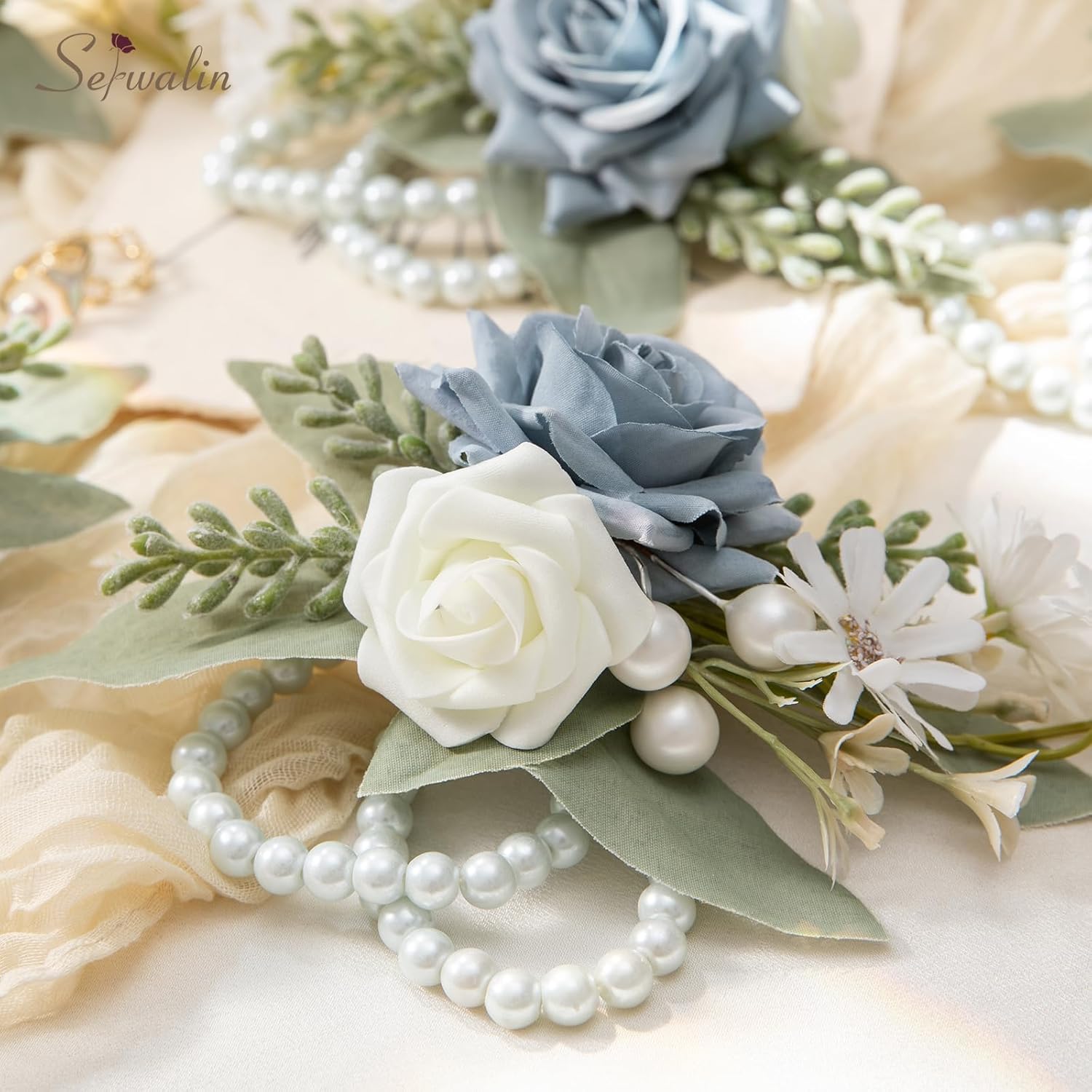 Serwalin Ramos de flores artificiales de 9.8 pulgadas y ramillete de muñeca para novia, ramo de novia para ceremonia de boda, aniversario,