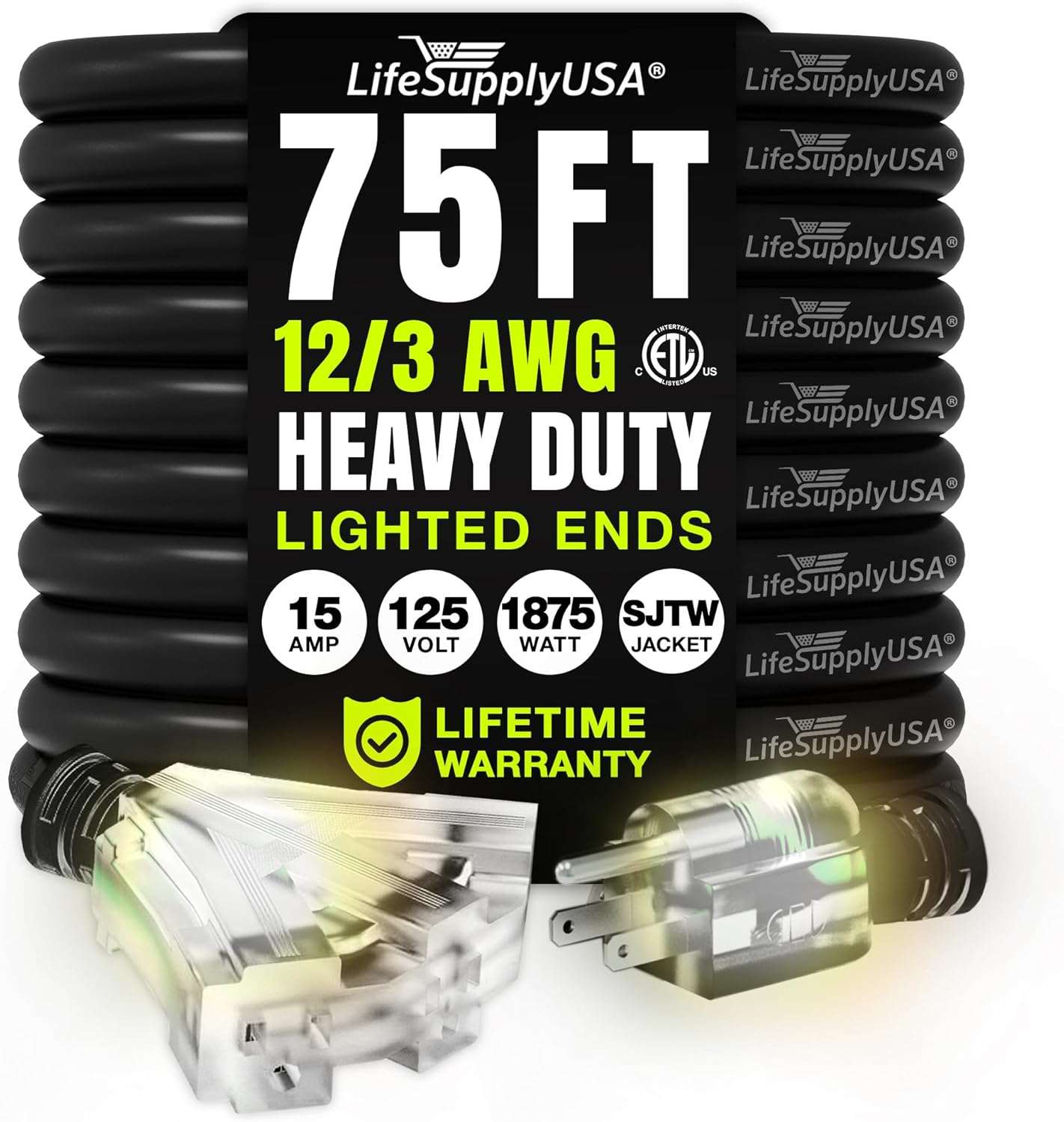 LifeSupplyUSA – Cable de extensión eléctrico de 75 pies para exteriores e interiores, impermeable, 3 clavijas, 3 salidas, SJTW, calibre 12, 15