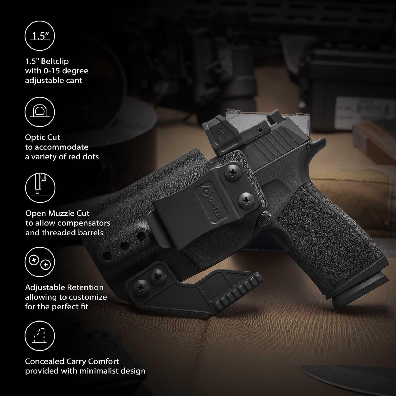 GRITR IWB Kydex – Funda para pistola Sig Sauer P365-XMACRO para mano derechaizquierda, corte óptico, garra de ocultación, parte inferior abierta,