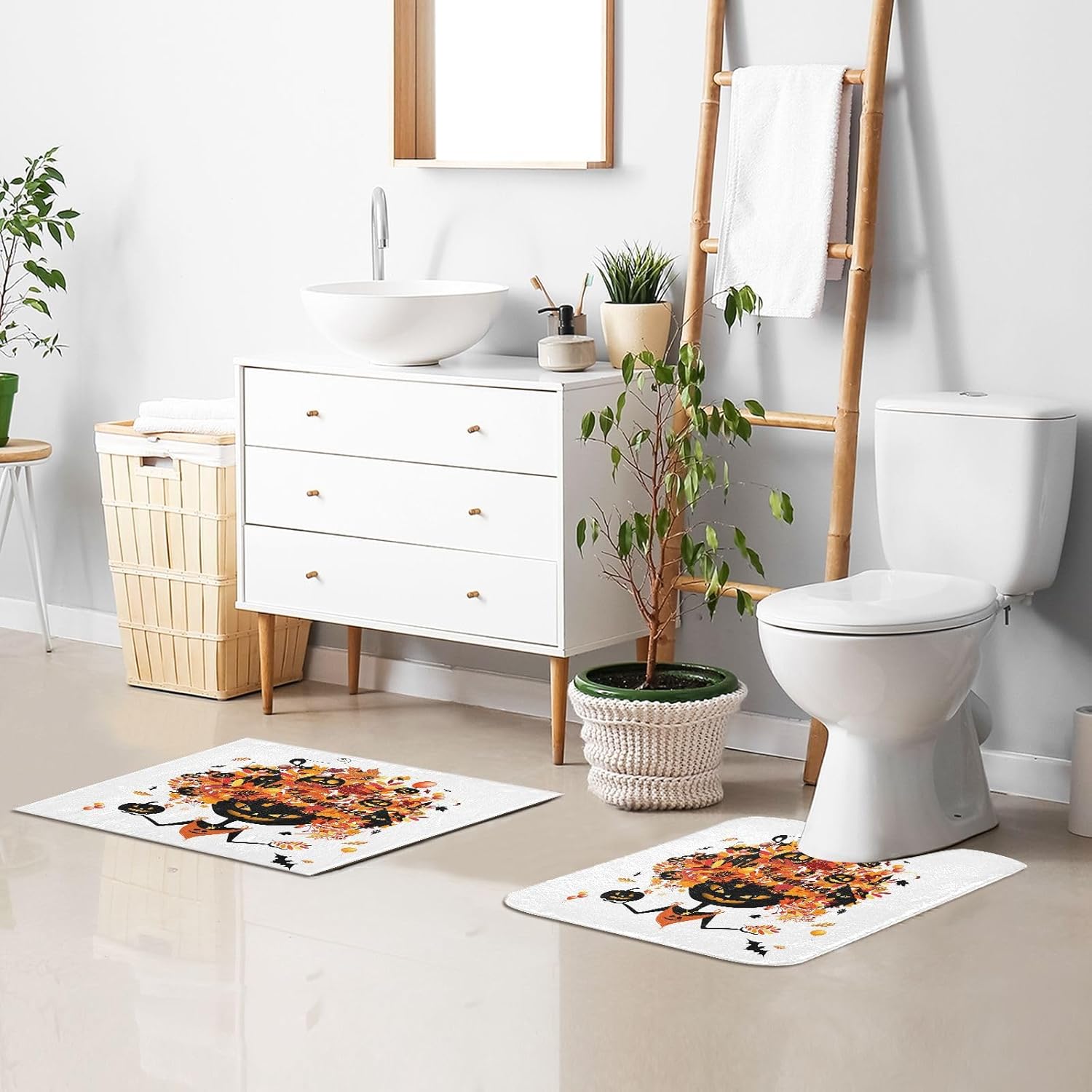 Bathroom Rugs Sets 2 Piece 24×16+24×20 Inch,Soft U-Shaped Contour Toilet Rug Halloween Pumpkin Head Non-Slip Absorbent Bath Floor Mat Carpet Set