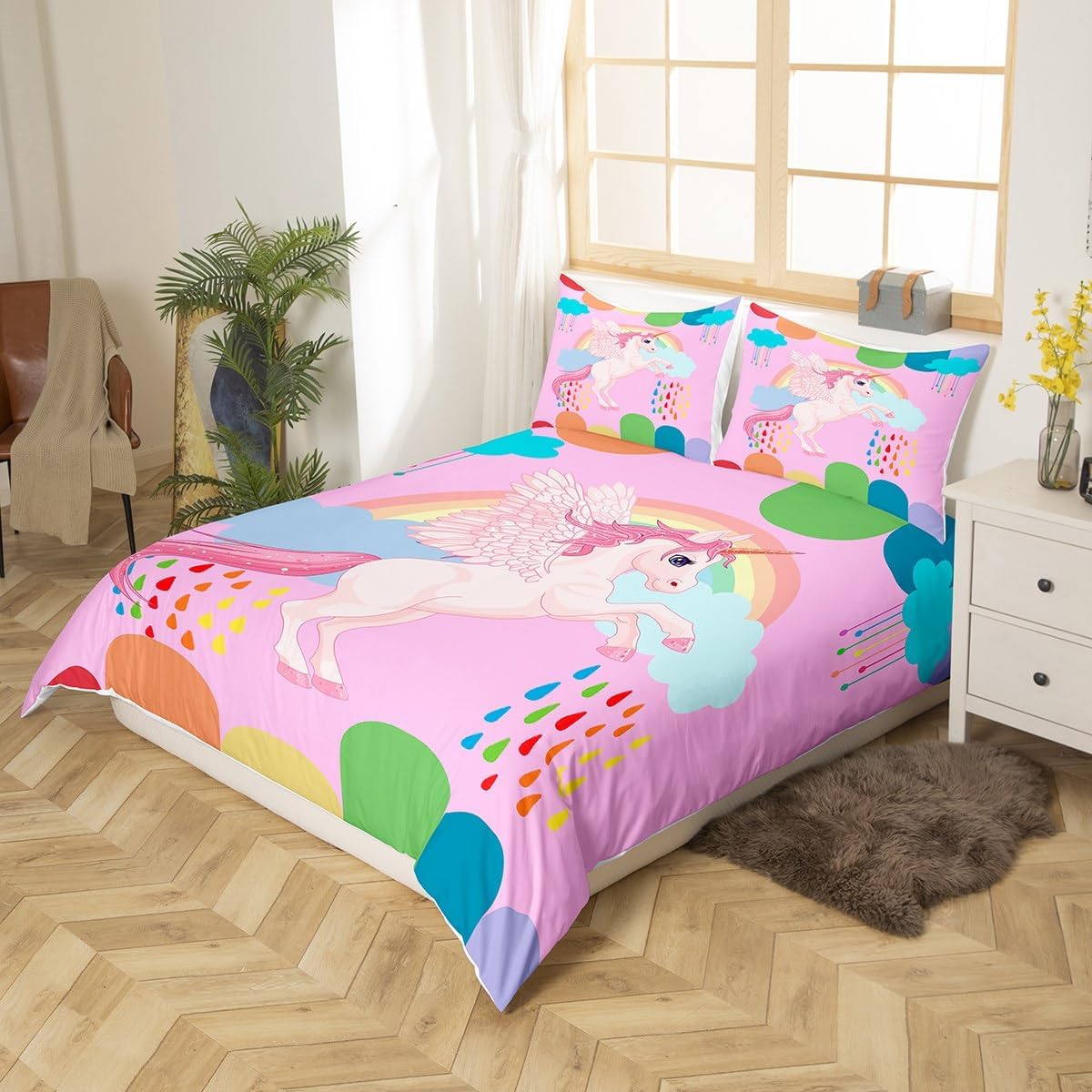 Manfei Juego de funda de edredón de unicornio rosa, tamaño matrimonial, funda de edredón de nubes arcoíris de dibujos animados con 2 fundas de