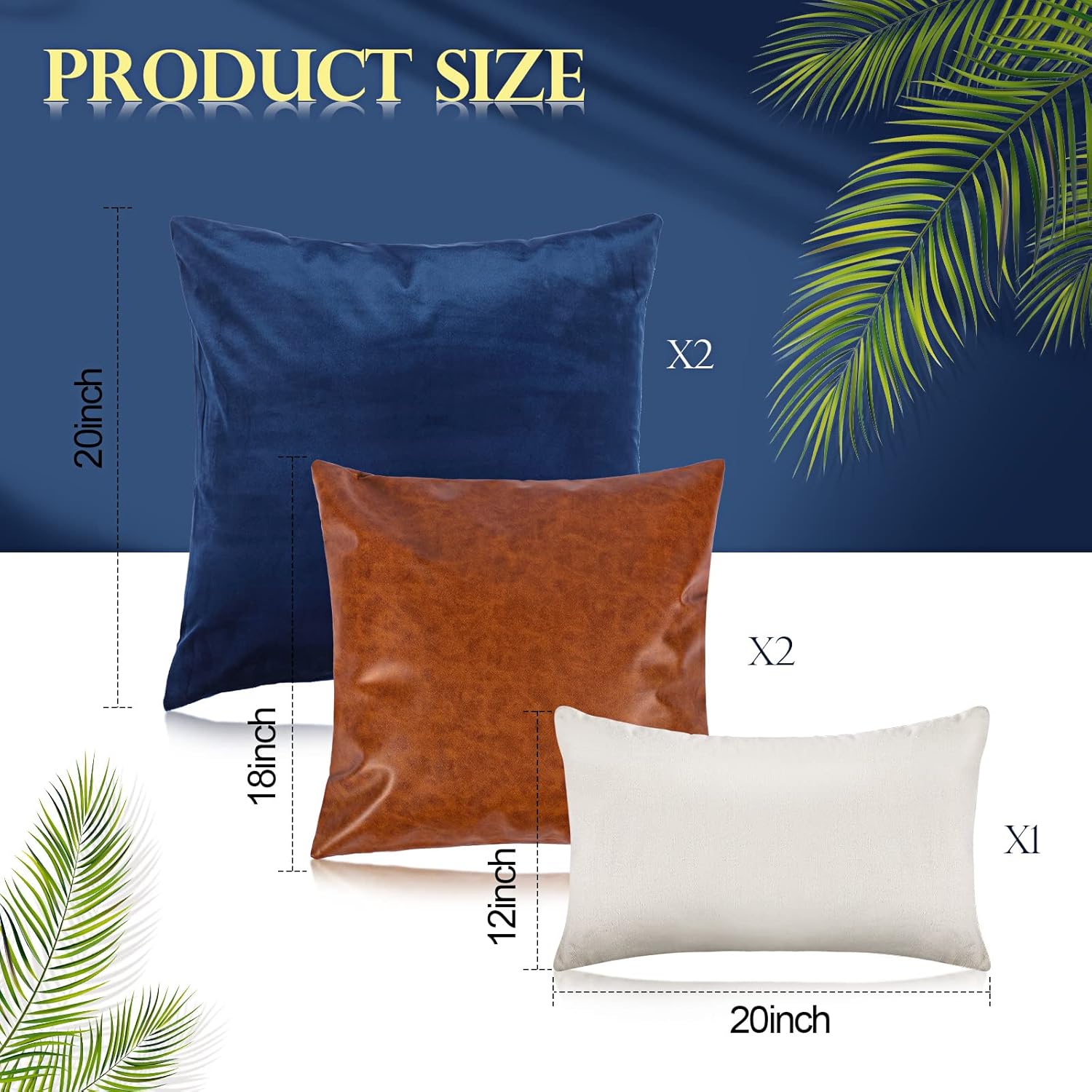 Tradder Juego de 5 fundas de almohada de piel sintética de 20 x 20 pulgadas, 18 x 18 pulgadas, 12 x 20 pulgadas, fundas de almohada decorativas