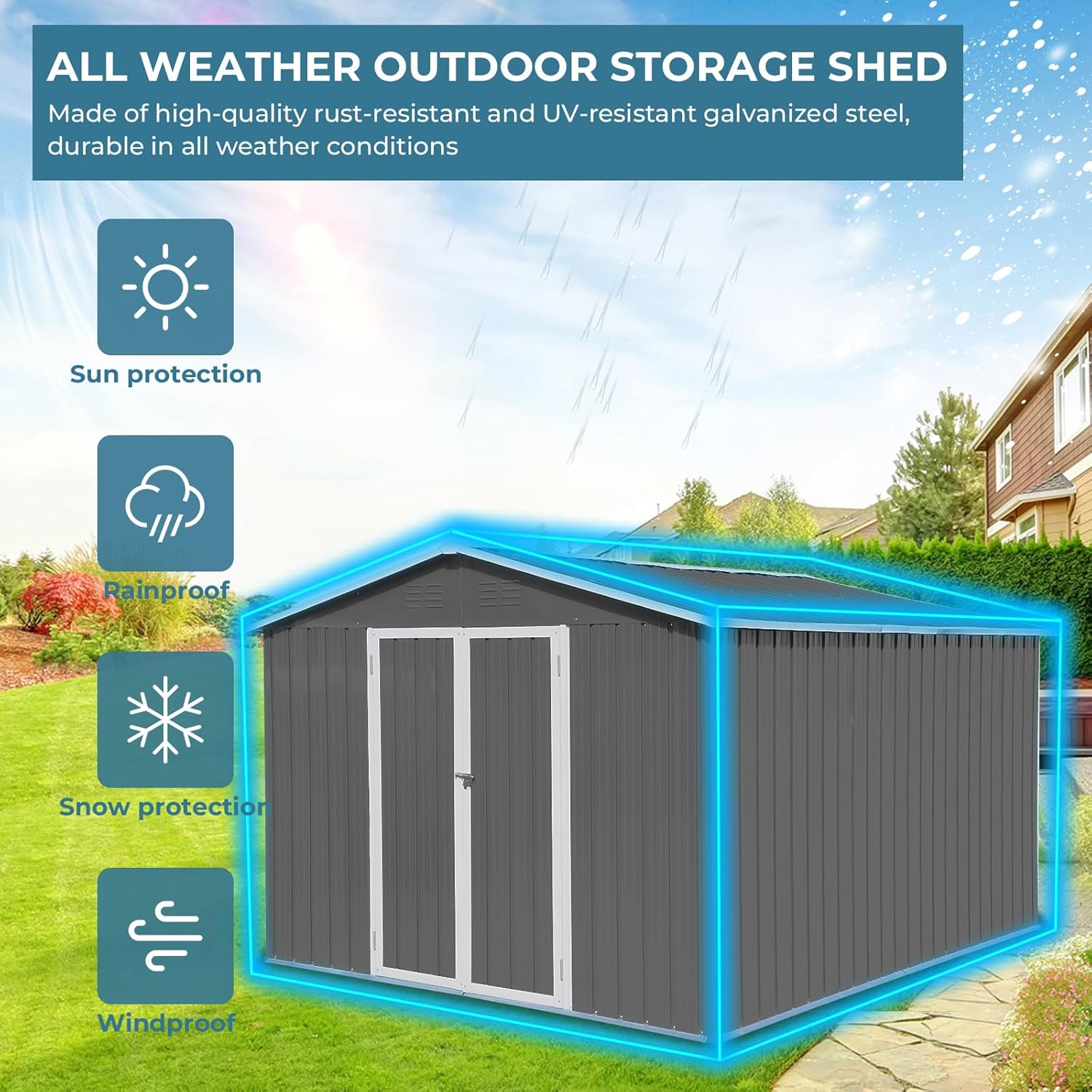 Cobertizo de almacenamiento para exteriores de 10 x 8 pies, cobertizos de metal para todo tipo de clima con base de metal y puertas con cerradura,