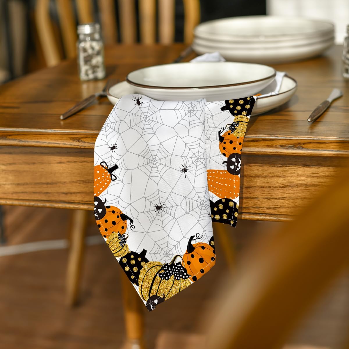 Horaldaily Juego de 4 servilletas de tela de Halloween de 18 x 18 pulgadas, diseño de calabaza y calabaza con temática de miedo, decoración de