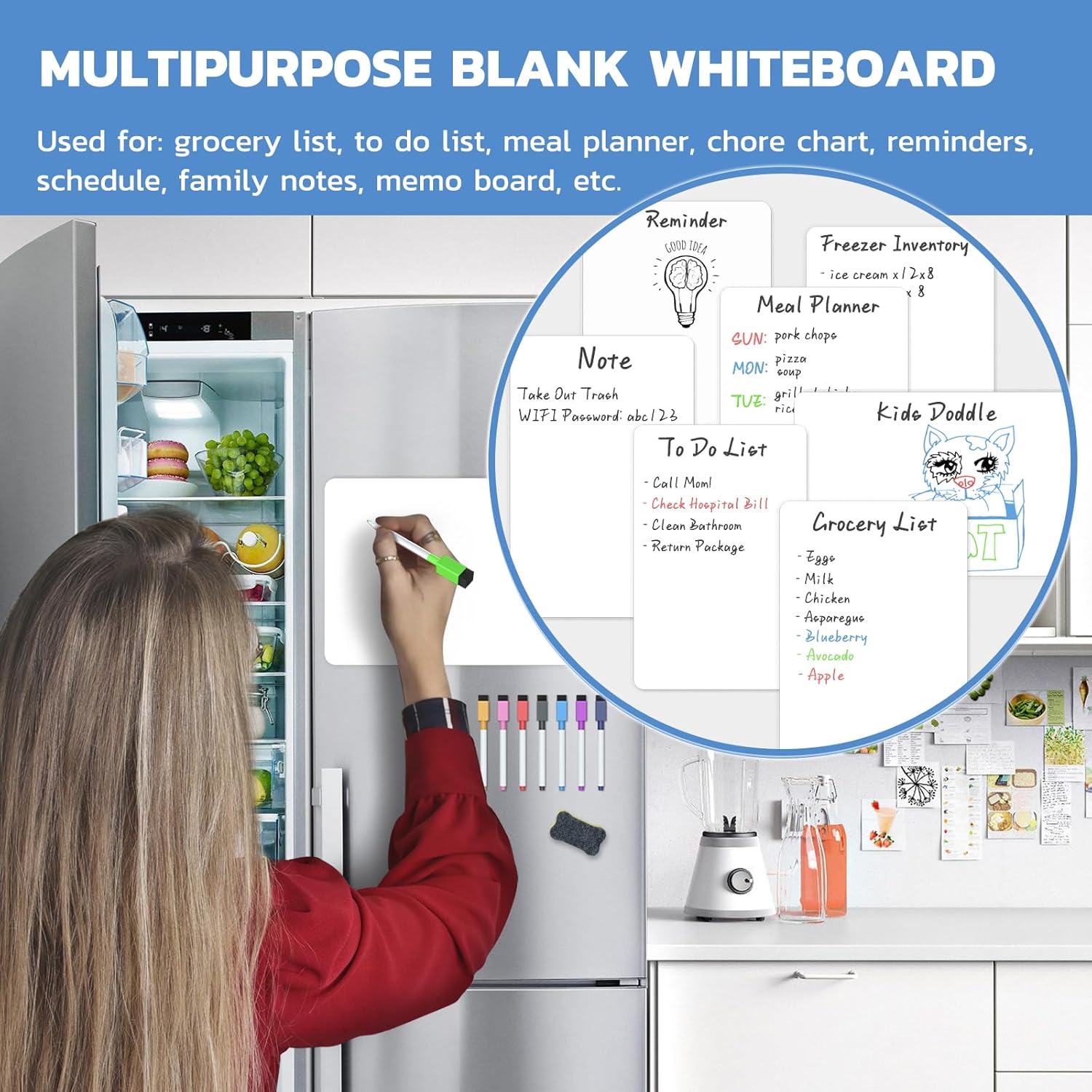 Pizarra blanca magnética para nevera, pizarra de borrado en seco para refrigerador, pequeña pizarra blanca con 8 marcadores y 1 borrador, 12 x 8