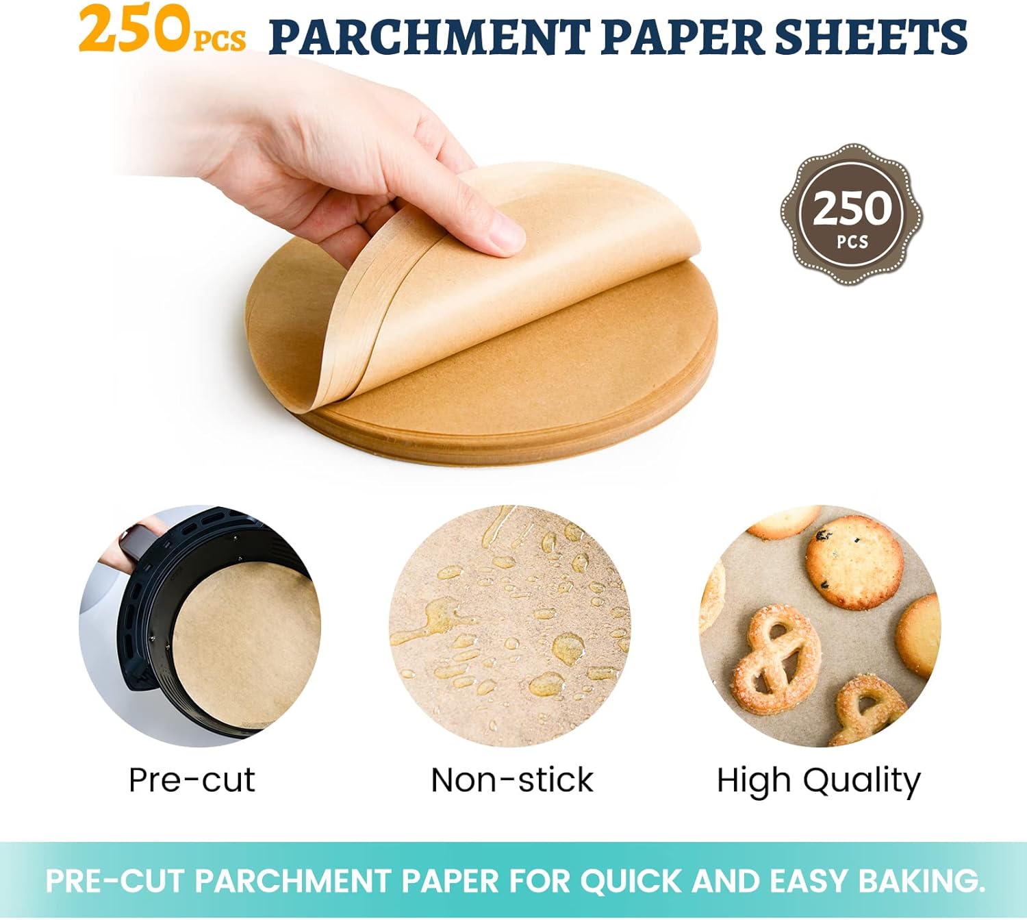 250 piezas de papel pergamino de 7.9 pulgadas, forros desechables para freidora de aire, papel pergamino circular para hornear pasteles