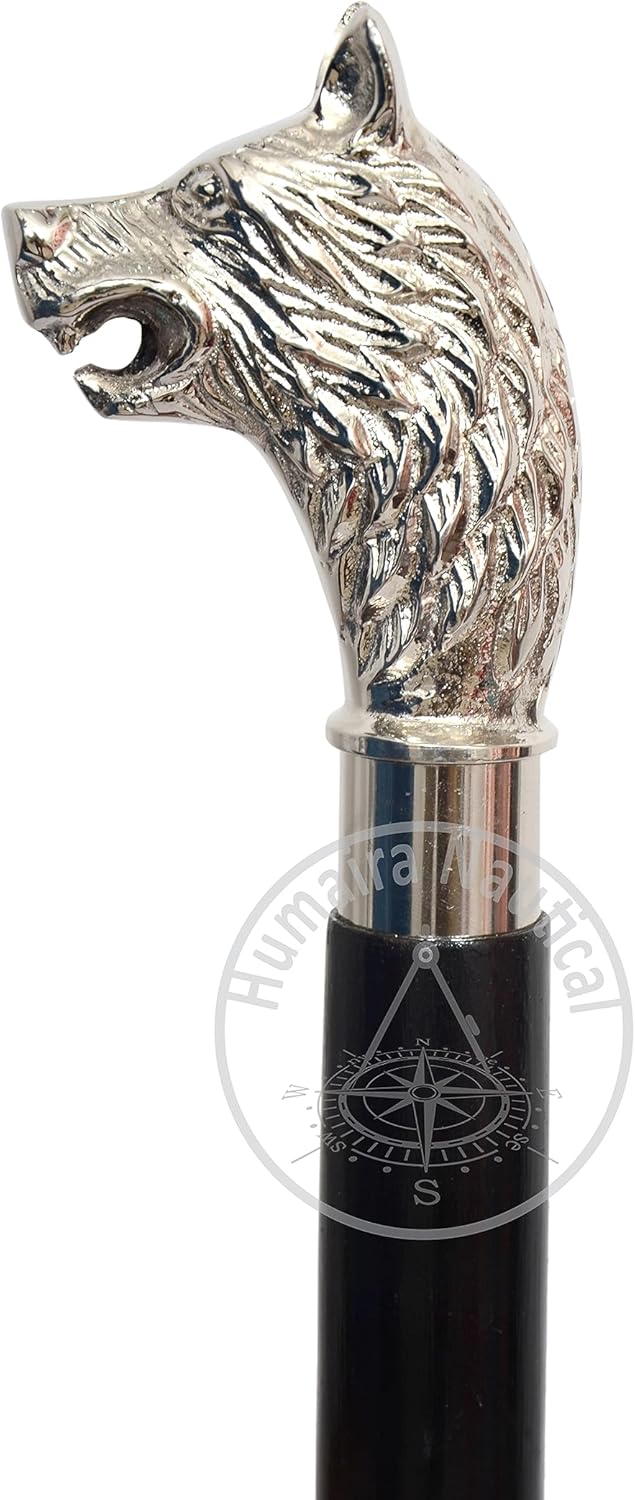 Humaira Nautical Bastón victoriano vintage con mango de latón y cabeza de lobo