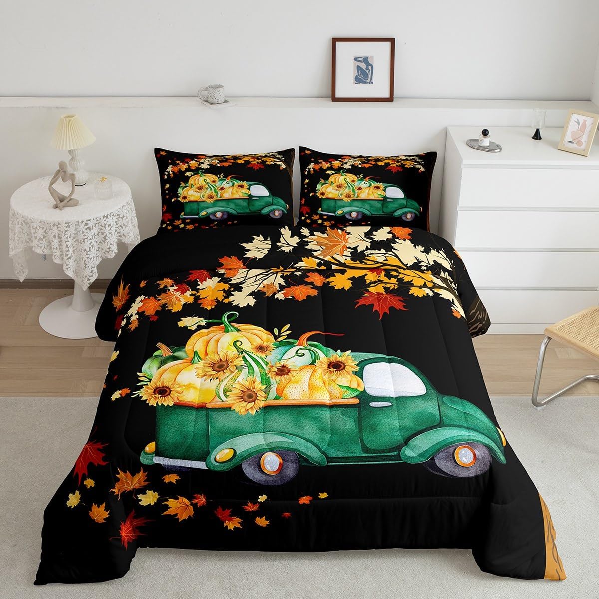 CYJS11386ZMD-BZ_USk – Juego de edredón de otoño con diseño de calabaza, camión, automóvil, hojas de arce, cosecha de otoño, rústico, para niños,