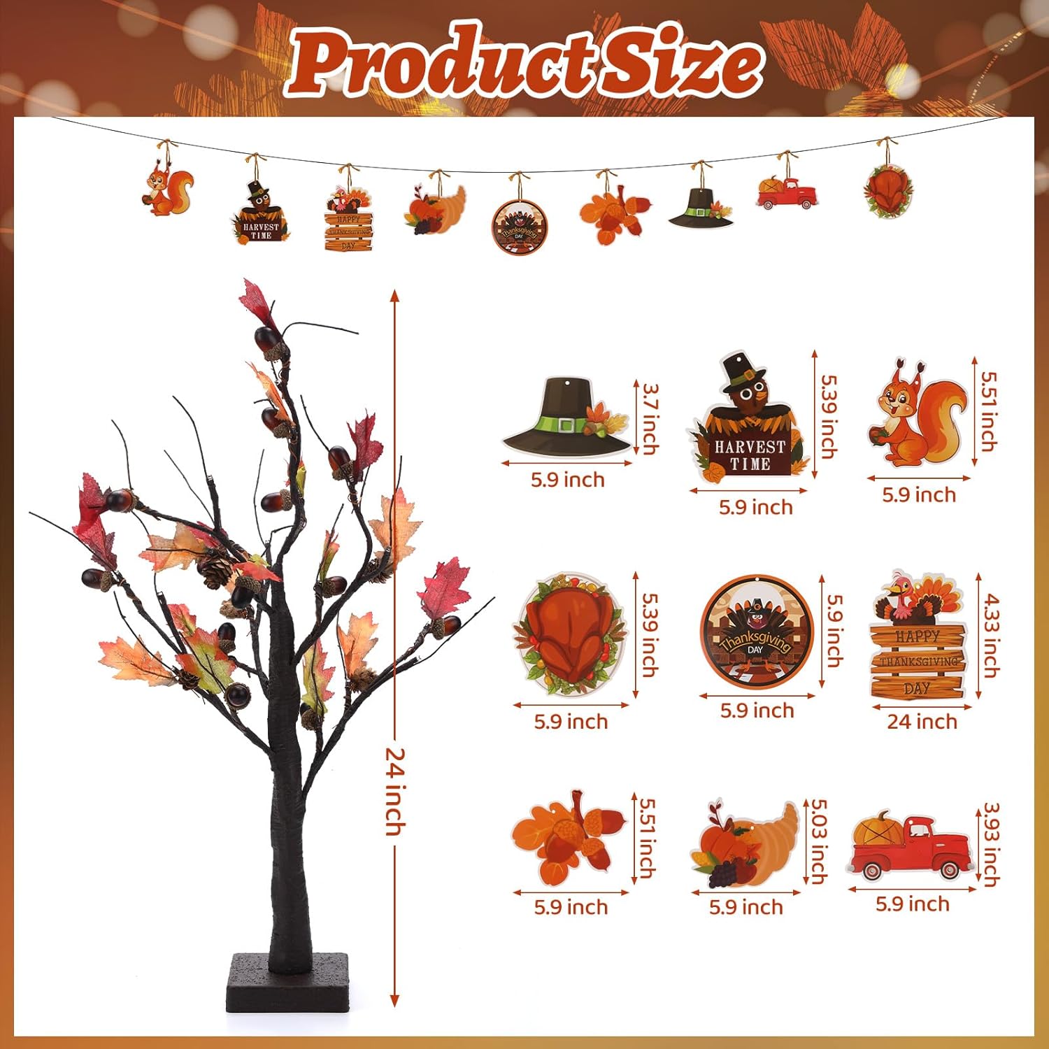 Capoda Árbol de Acción de Gracias para decoración de mesa de Acción de Gracias, árbol de arce iluminado de 24 pulgadas con 18 piezas de adornos