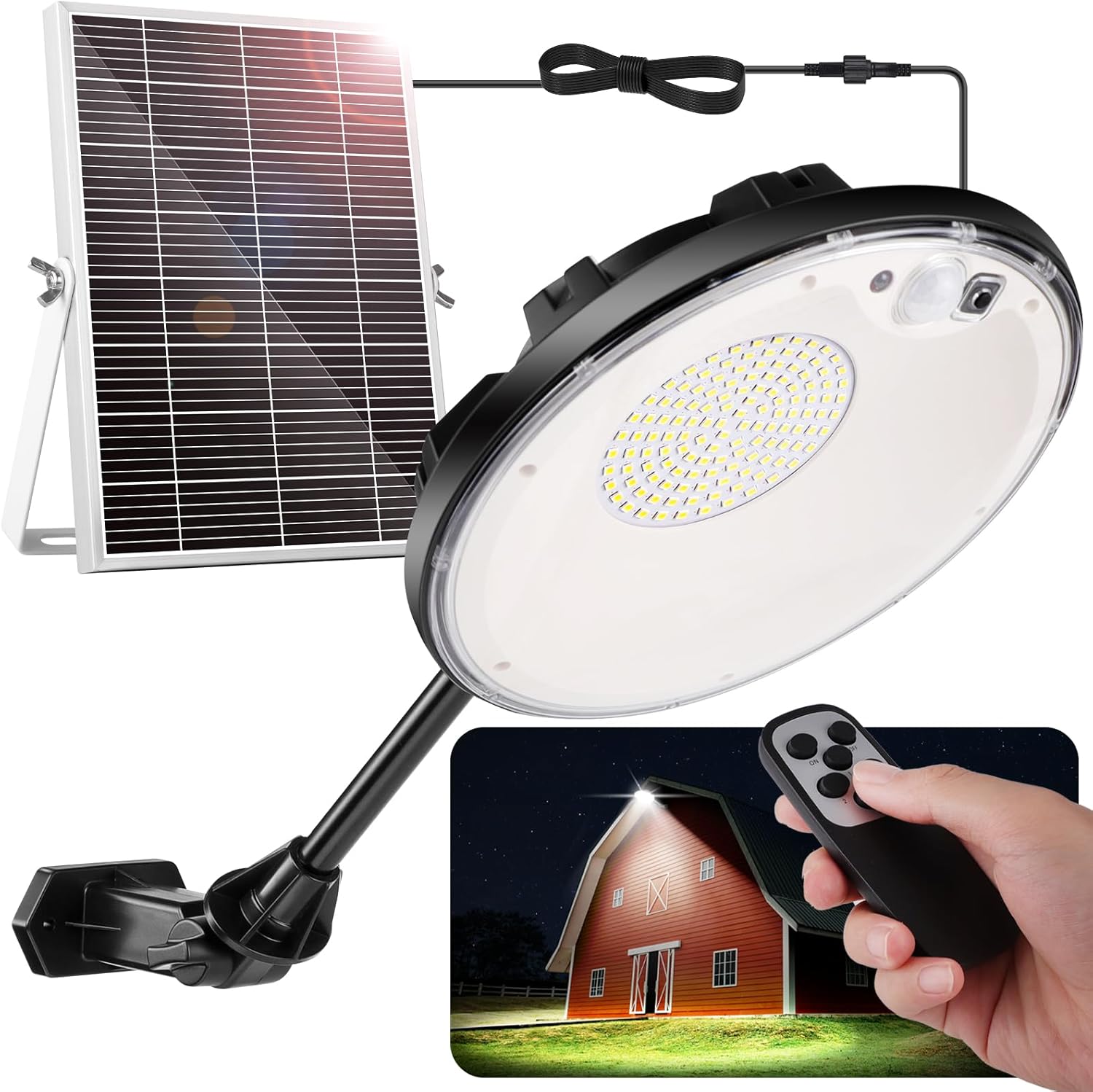 ropelux Luces solares para interiores y exteriores, 3500 lúmenes, 4 modos (1 modo todo el día), sensor de movimiento, luz solar de cobertizo de