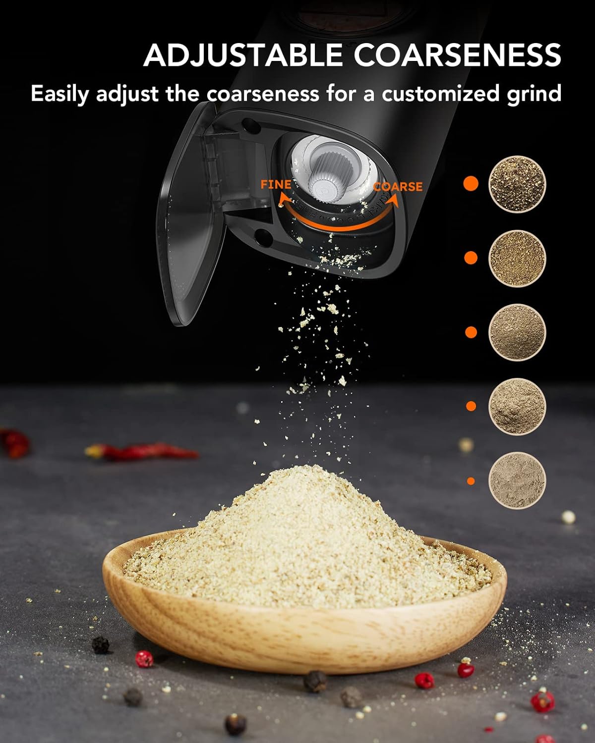 Gravity – Juego de molinillo eléctrico de sal y pimienta de gran capacidad, recargable por USB, funciona con una sola mano, grosor ajustable, tapa