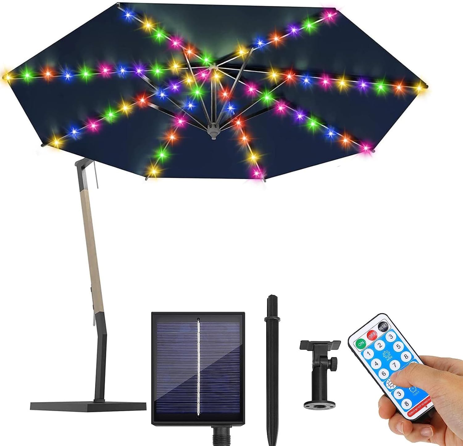 AMZSTAR Luz solar para sombrilla de patio con 8 modos de iluminación y control remoto LED inalámbrico para sombrilla de mesa, iluminación al aire