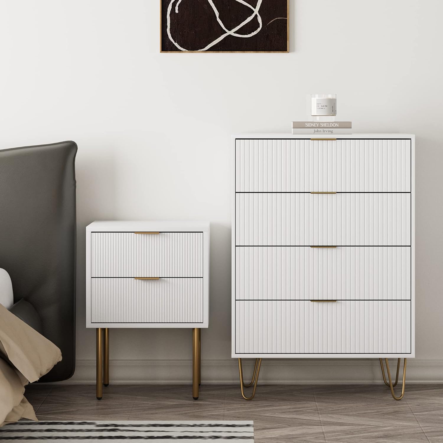 Aobafuir Cómoda de 4 cajones, cajón, armario de almacenamiento alto con patas de metal, cómoda pequeña para dormitorio, sala de estar, armario,