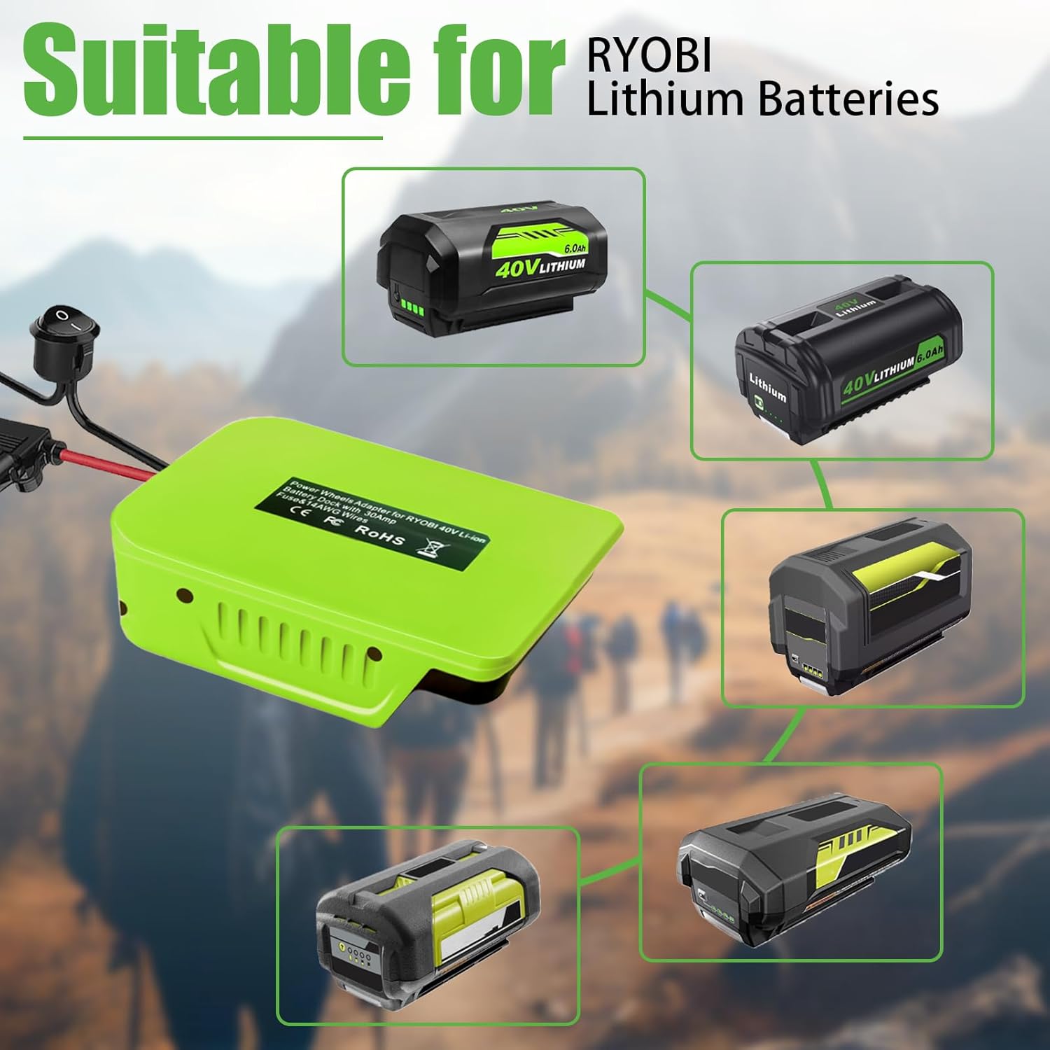 Adaptador de bricolaje para rueda eléctrica Ryobi 40 V batería de iones de litio Dock conector de alimentación Cable Robótica Cable calibre 14, con