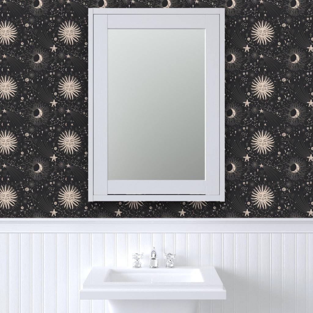 Spoonflower Papel tapiz para despegar y pegar – Boho Astronomía Celestial Astrología Negro Beige Bohemio Femenino Papel pintado extraíble