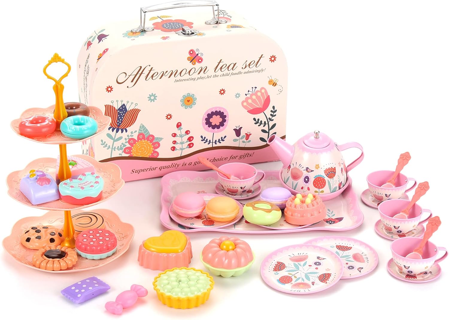 PowerTRC Juego de 48 piezas de fiesta de té de princesa para niños, juego de té de lujo que incluye postres, galletas, aperitivos, tetera, tazas y