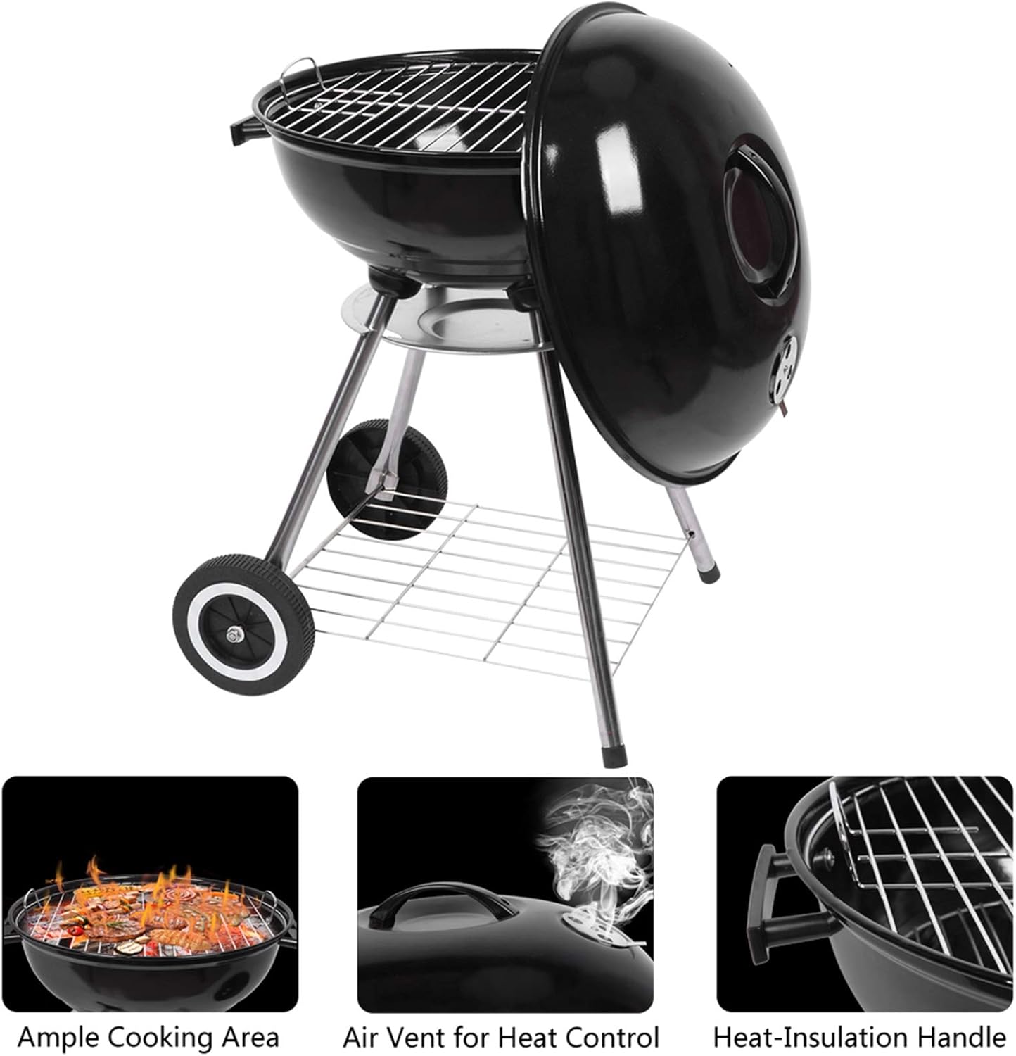 Tandagy Parrilla de carbón portátil de 18 pulgadas con ruedas y cuenco para asar, parrilla de campamento resistente para cocinar, barbacoa, patio,