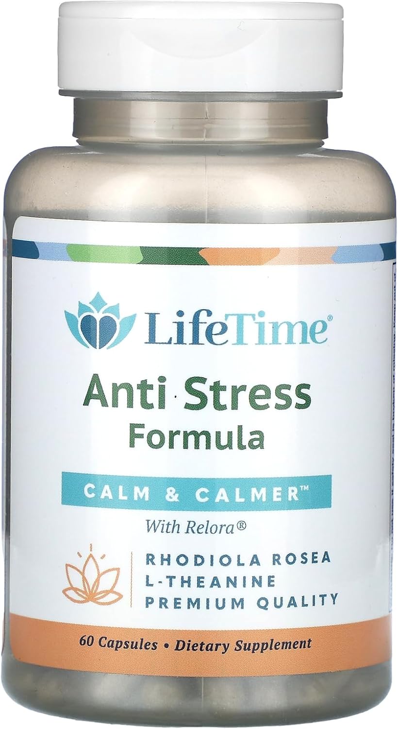 LIFETIME Fórmula antiestrés Calm & Calmer  wRhodiola Rosea & Relora  para ayudar a calmar y calmar la mente  Energía y concentración  60 cápsulas