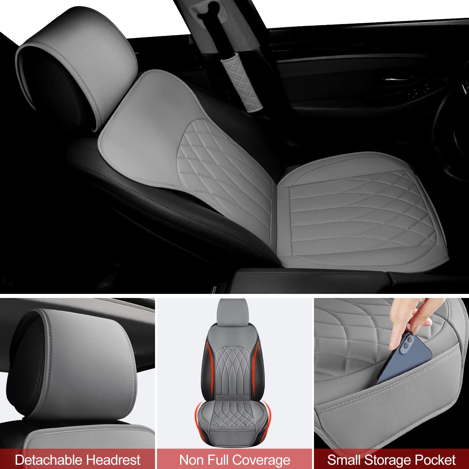 Paquete de 1 funda de cuero para asiento delantero de automóvil, protector universal para asiento de automóvil sin laterales con bolsillo de