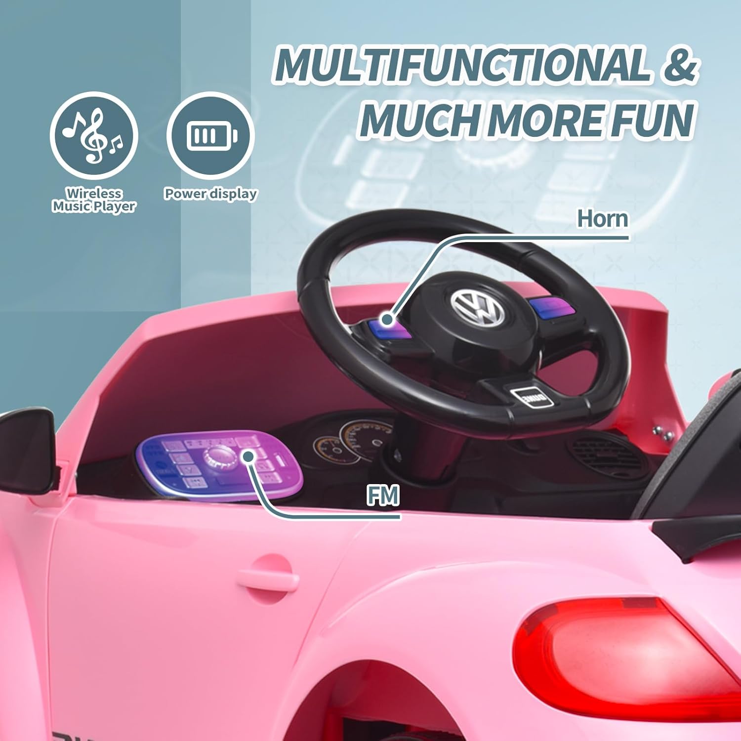 Joywhale Vehículo eléctrico de 12 V para niños, compatible con Volkswagen Beetle, con control remoto de 2.4 G, 3 velocidades, suspensión de resorte,