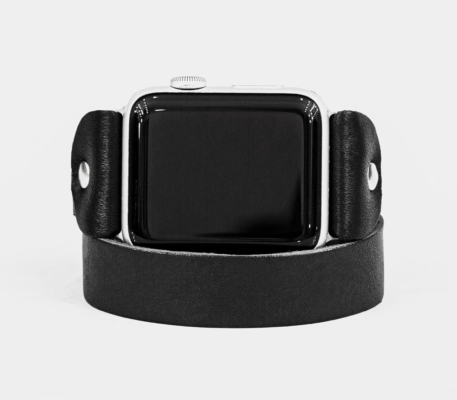 Leather double wrap band strap compatible with Apple watch 38mm 40mm 41mm 42mm 44mm 45mm 49mm, Handmade UA 1810 (black + steel + 6.3-7.3 in + 384041